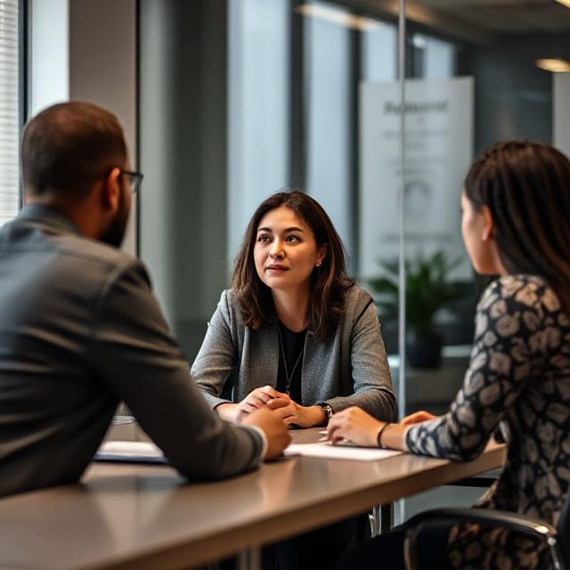 Three diverse professionals having a discussion in a modern office conference room with glass walls.