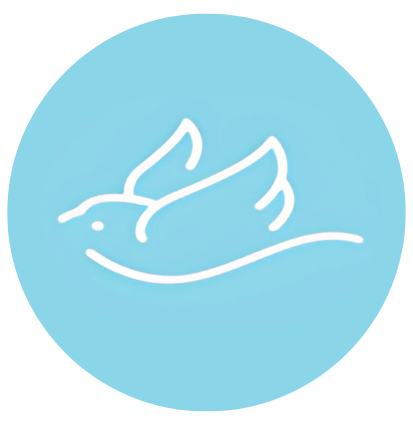 A minimalist white line drawing of a bird flying, set against a light blue circular background.