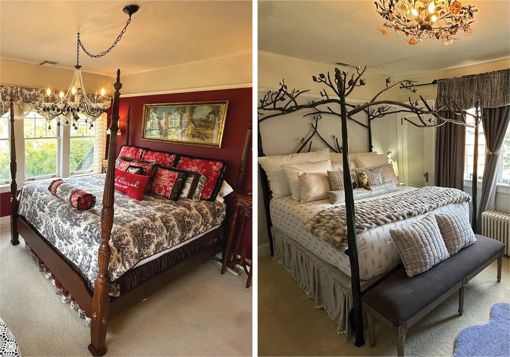 Side-by-side comparison of two bedrooms. The left bedroom features a traditional four-poster bed with a dark wood finish, a patterned bedspread, and a chandelier, with windows showing green trees outside. The right bedroom has a bed with a decorative black metal frame resembling tree branches, surrounded by multiple pillows and a furry throw, with curtains and a window with natural light.