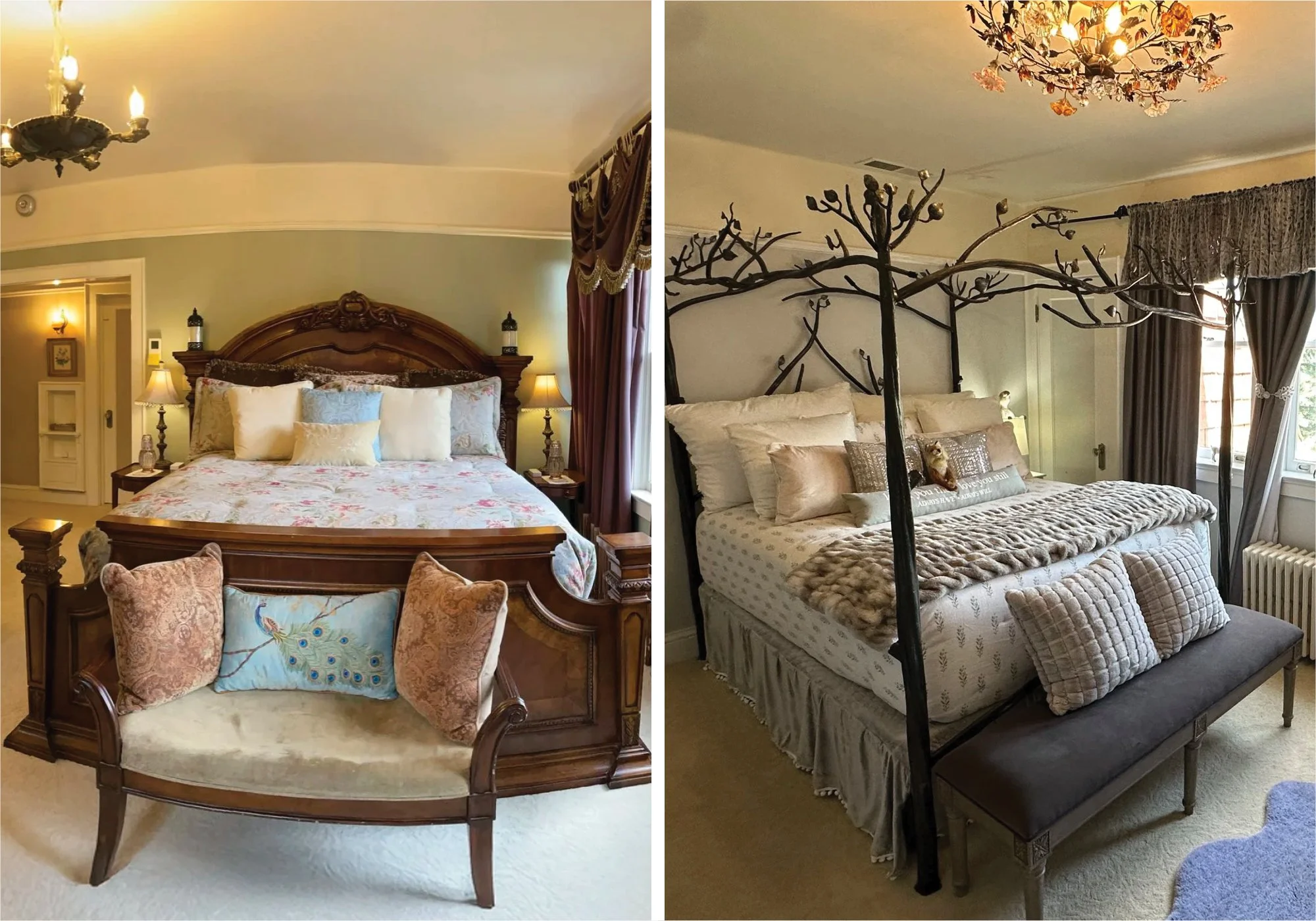 Side-by-side comparison of two bedroom interiors. The left features a traditional bedroom with a large wooden bed, floral bedding, matching lamps, and a vintage style bench with decorative pillows in front. The right showcases a bedroom with a four-poster bed, branch-like canopy design, a textured throw blanket, and a viewing bench at the foot of the bed with pillows, all under a floral chandelier.
