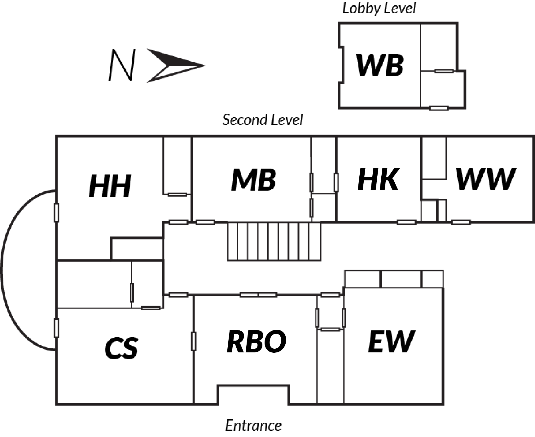 Floor plan of the Knowles Hill room layout. Lobby Level, WB, north of stairs. Second Level, clockwise from southwest corner, CS, HH, MB, HK, WW, EW, RBO. Stairs enter the second floor between HK and EW, with WW east of HK down the hall.