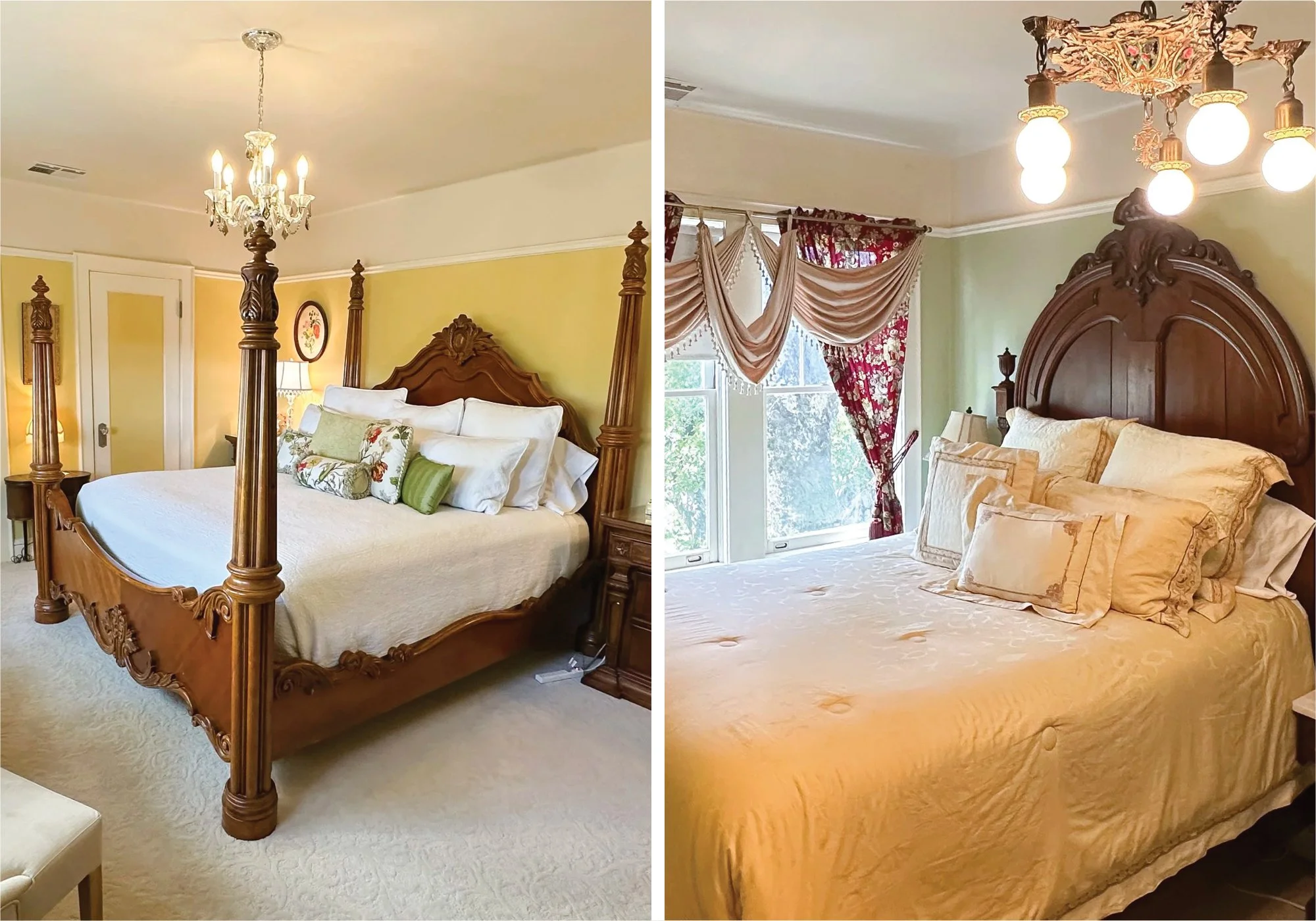 Two bedrooms are shown side-by-side, each with a large wooden bed featuring an ornate headboard and posts. The left room has a chandelier, yellow painted walls, and a white bedspread with decorative pillows. The right room has a colorful floral curtain, a window with daylight, a different chandelier, and a yellow comforter with matching pillows.