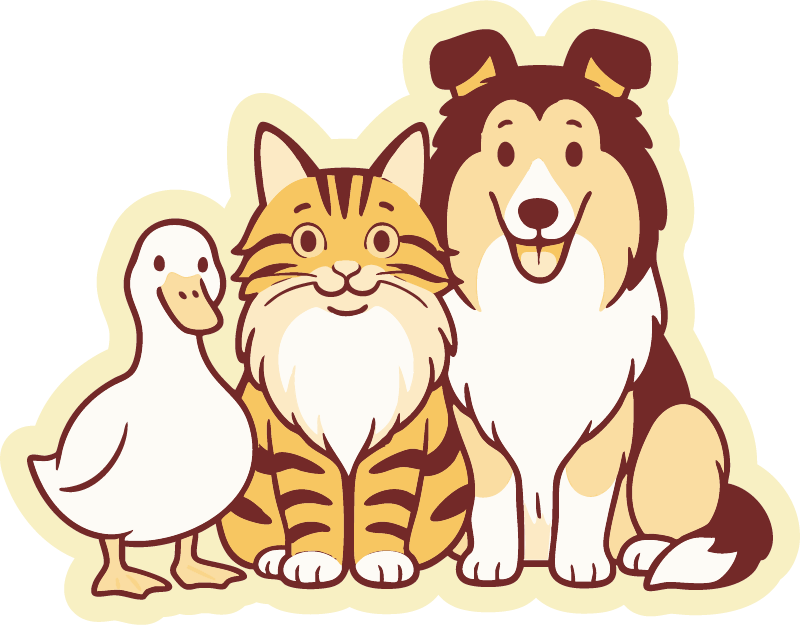 Illustration of a duck, cat, and dog sitting together.