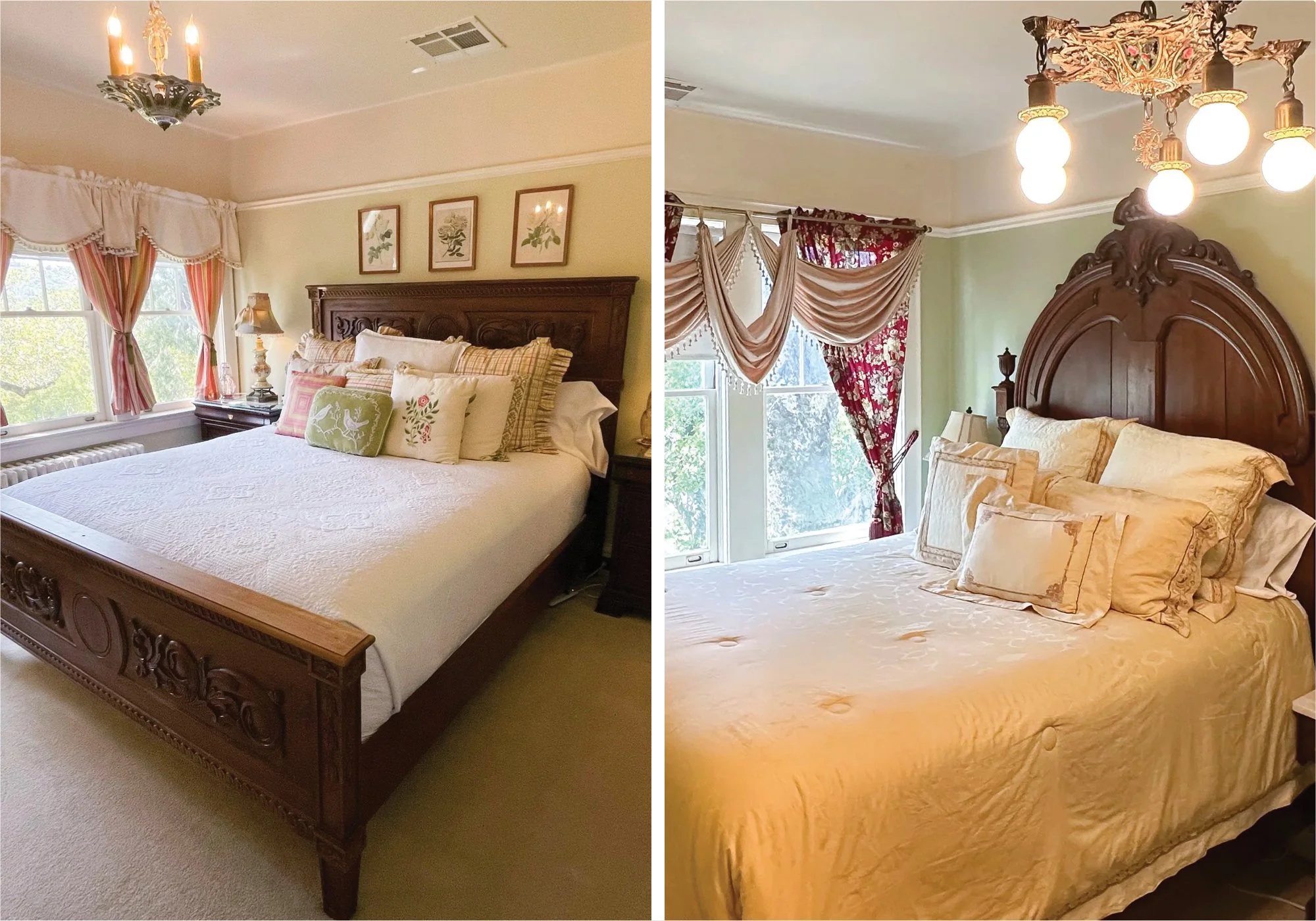 Side-by-side comparison of two bedrooms, both featuring large wooden beds with headboards, multiple pillows, and windows with curtains. The left bedroom has a cream-colored bedspread and pastel curtains, while the right bedroom has a gold bedspread and ornate red and gold curtains.