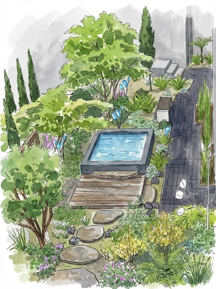 A watercolor illustration of a backyard garden with a hot tub, stone pathway, lush greenery, trees, flowering plants, and outdoor seating area. Seattle, Kirkland, Landscape Design.