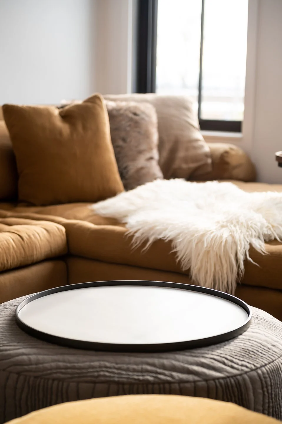 Living room with brown sectional sofa, plush pillows, a white faux fur throw, and a black tray on a cushioned ottoman. Window with black frame in the background. Seattle, Capitol Hill, Remodel.