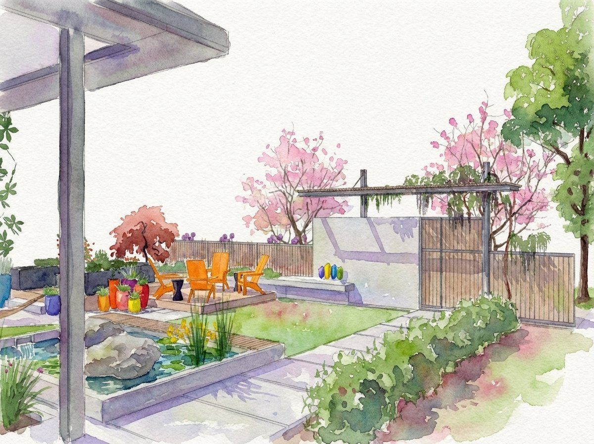 A watercolor painting of a backyard patio with a small pond, orange chairs around a table, potted plants, blooming trees, and a small fenced area with colorful eggs and a gate. Seattle, Capitol Hill, Landscape Design.
