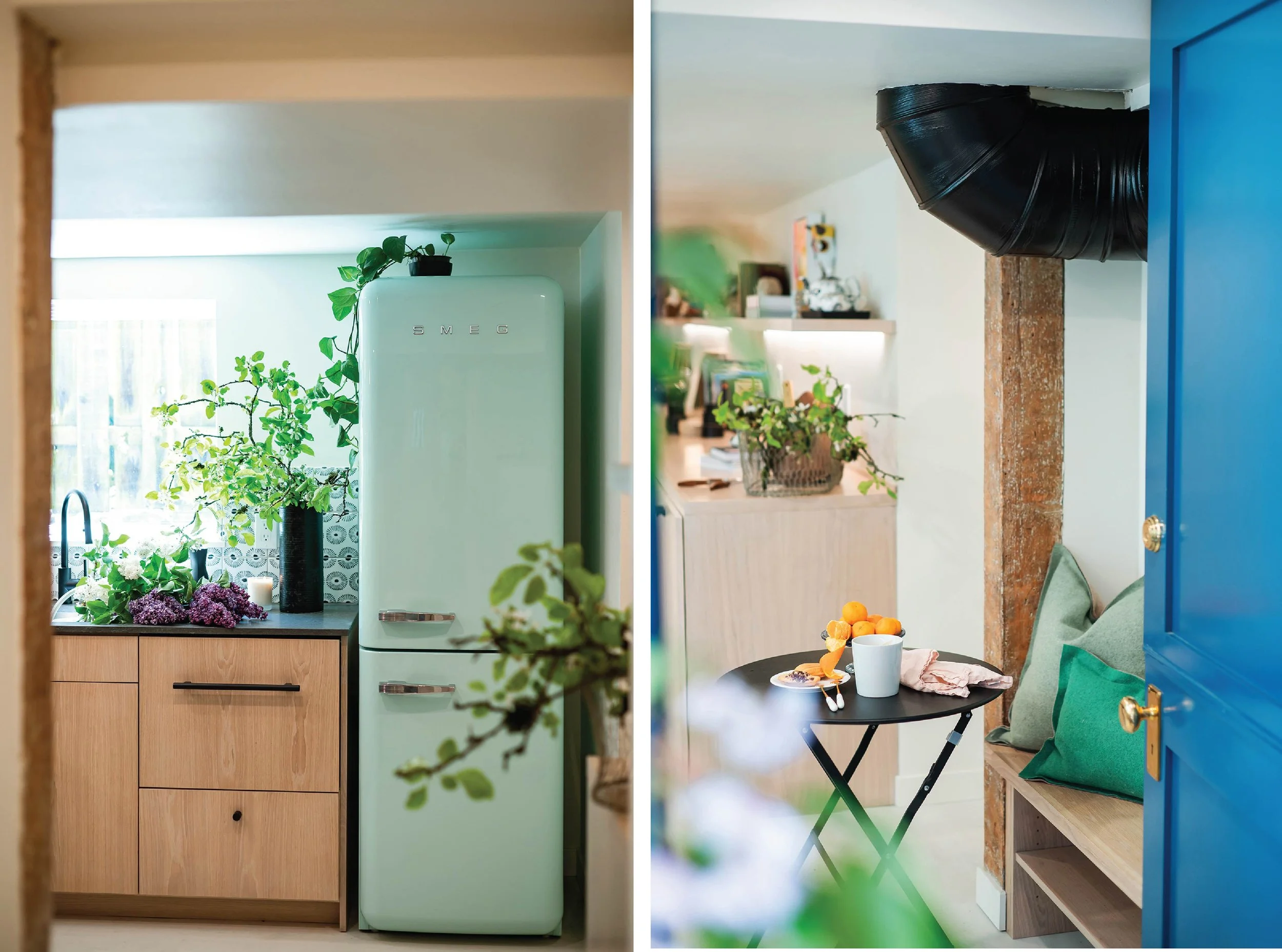 Split image of a cozy kitchen with a vintage mint green fridge, wooden cabinets, and plants, alongside a small dining nook with a black table holding a mug and oranges, and cushioned seating.