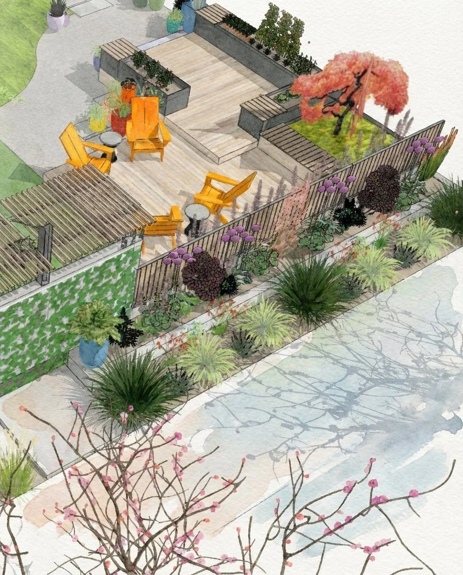 A watercolor illustration of a cozy outdoor patio area, including flowering plants and a small tree with orange leaves, surrounded by a garden with various plants and a curved walkway. Seattle, Capitol Hill, Landscape Design.