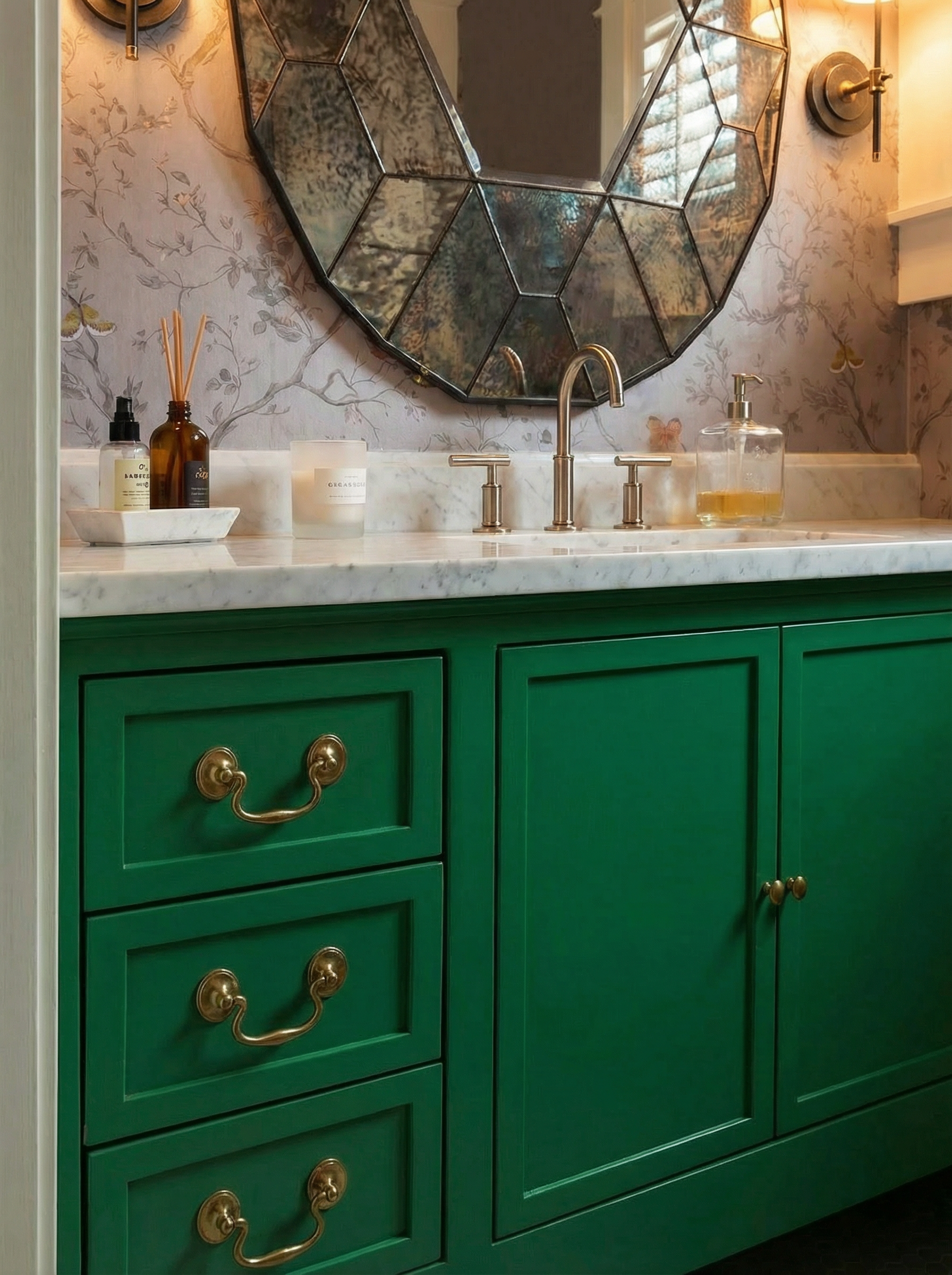 A bathroom vanity with green cabinets, brass handles, and a white marble countertop. Above it, a large decorative mirror and wall-mounted light fixture are visible. On the countertop are various bottles, a candle, and a soap dispenser.