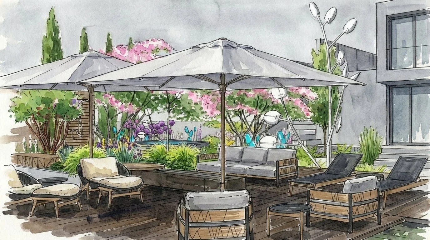 Watercolor illustration of a modern outdoor patio with large white umbrellas, lounge chairs, and lush garden with colorful flowers and trees. Seattle, Kirkland, Landscape Design.