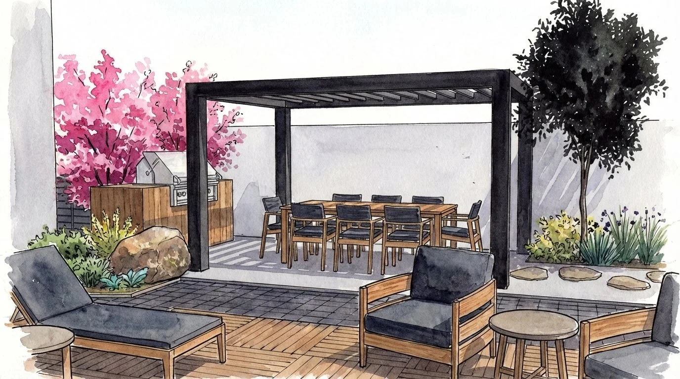 A watercolor illustration of an outdoor patio area with a dining table and chairs under a pergola, surrounded by trees and plants, with lounge chairs, a side table, and a barbecue grill. Seattle, Kirkland, Landscape Design.