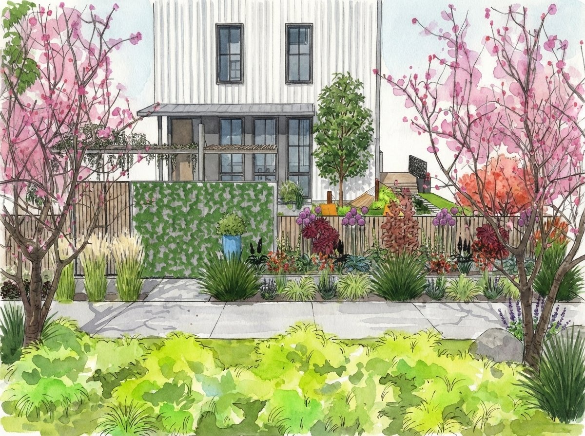 Colorful watercolor illustration of a backyard garden with pink flowering trees, green bushes, and a patio area. A modern house with large windows is visible in the background. Seattle, Capitol Hill, Landscape Design.