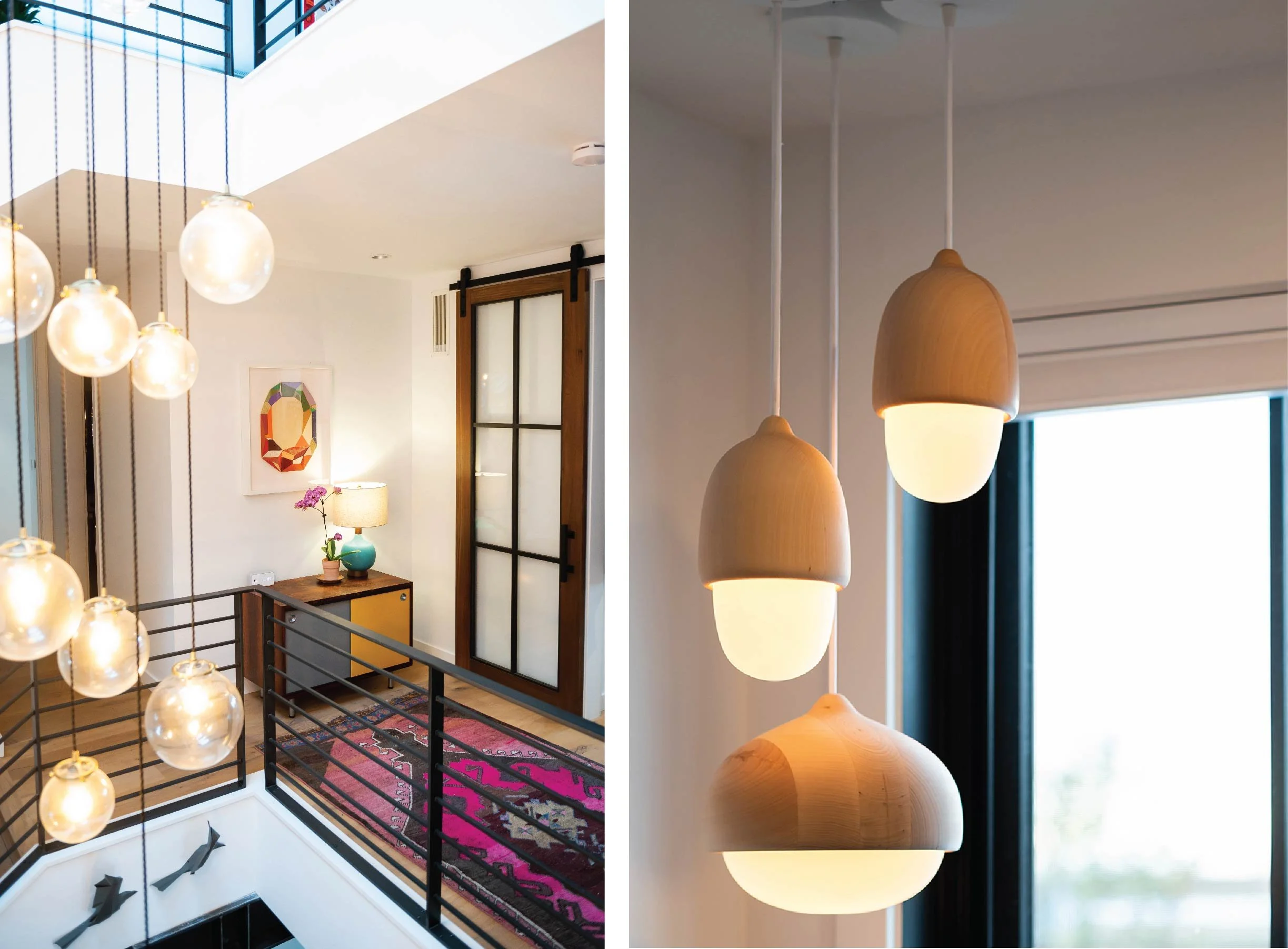 Interior space featuring modern pendant lights and a decorative hallway.