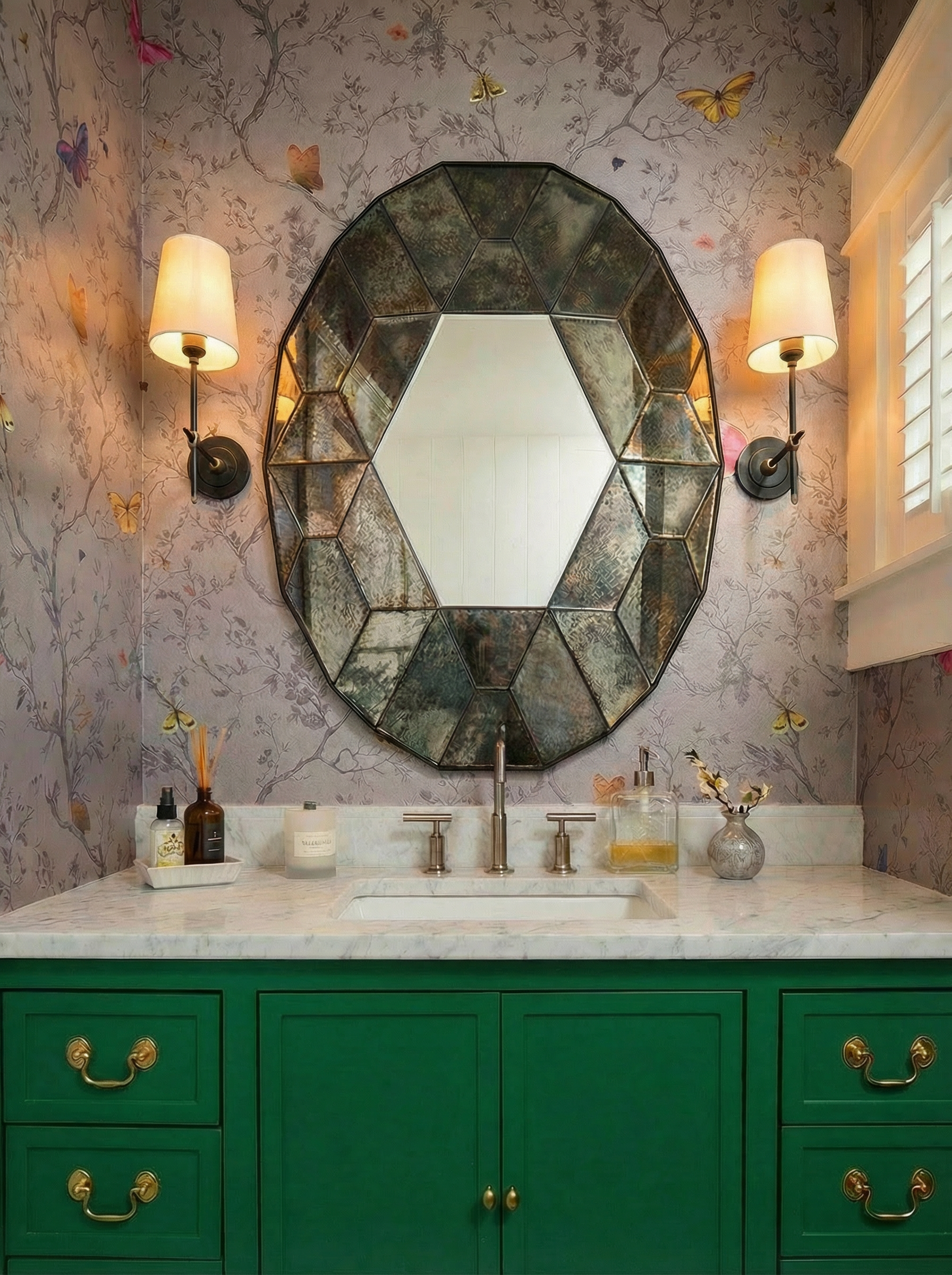 Bathroom vanity with green cabinets, marble countertop, and a large octagonal mirror with a mirror frame design. There are two wall-mounted lamps on either side of the mirror, floral wallpaper with butterfly designs, and a soap dispenser, candle, and small vase on the countertop.