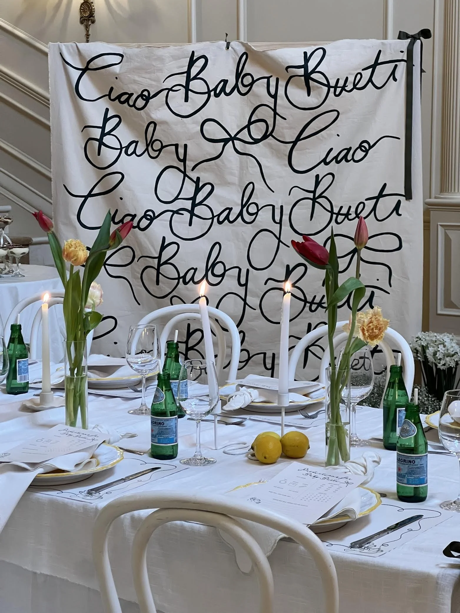 Custom event branding and stationery design featuring illustrated signage, tablescape styling and bespoke event details by Gimlet Studio.
