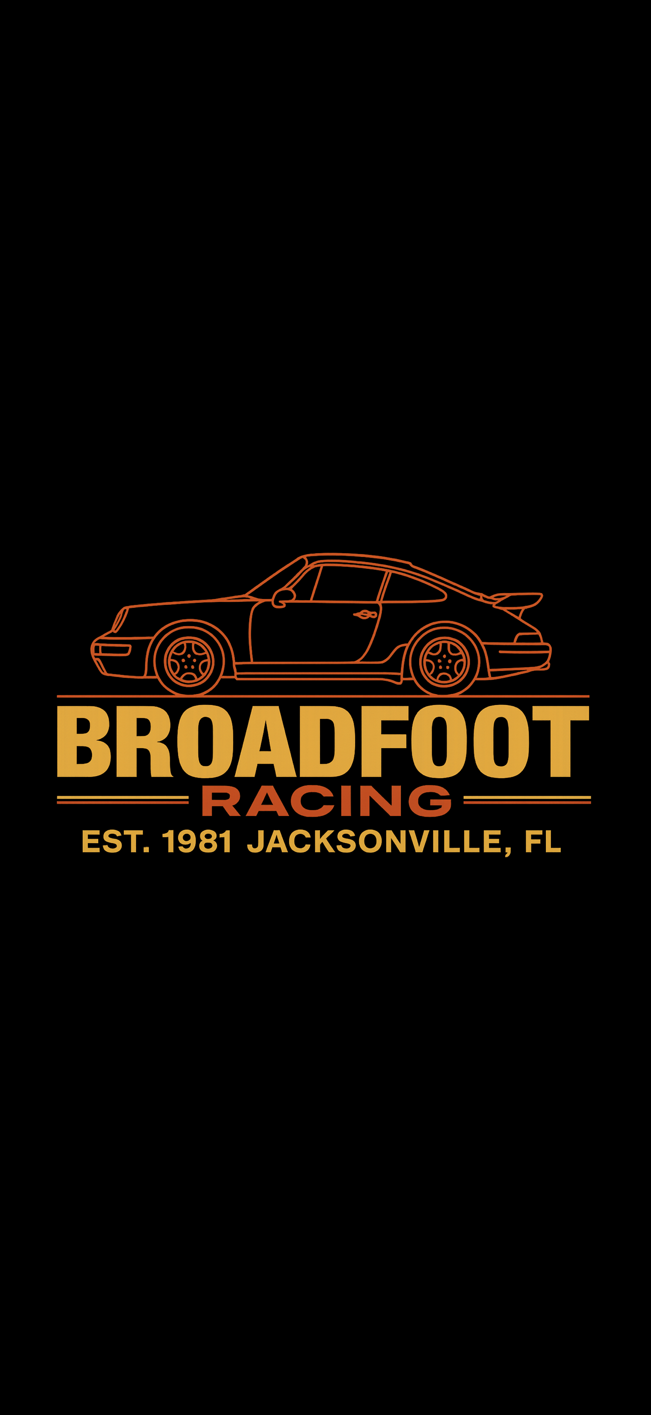 Logo of Broadfoot Racing with an outline of a sports car and text "Est. 1981 Jacksonville, FL" on a black background.
