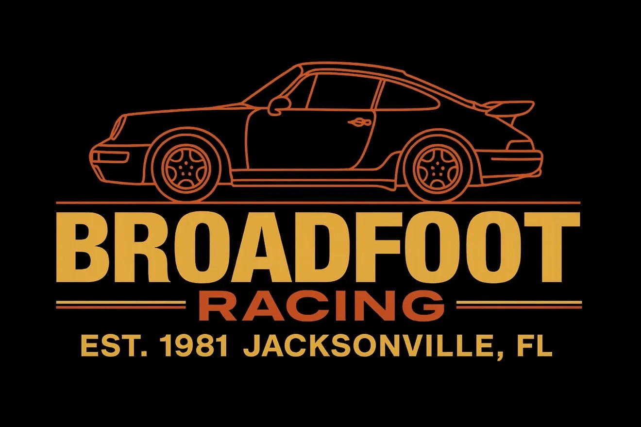Logo of Broadfoot Racing featuring an outline of a sports car and text "Broadfoot Racing, Est. 1981 Jacksonville, FL" on a black background.