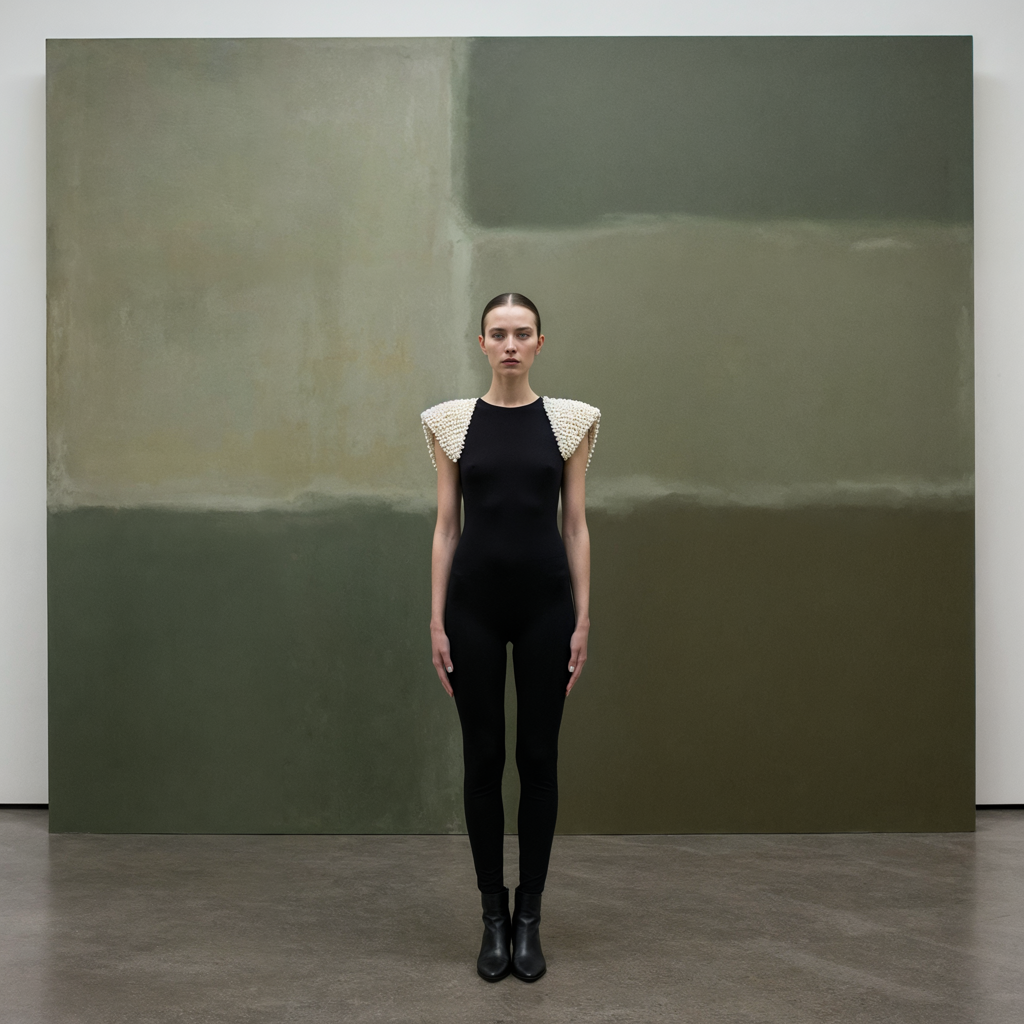 Person in a black outfit with textured shoulders, standing in front of a large abstract painting in earthy tones.