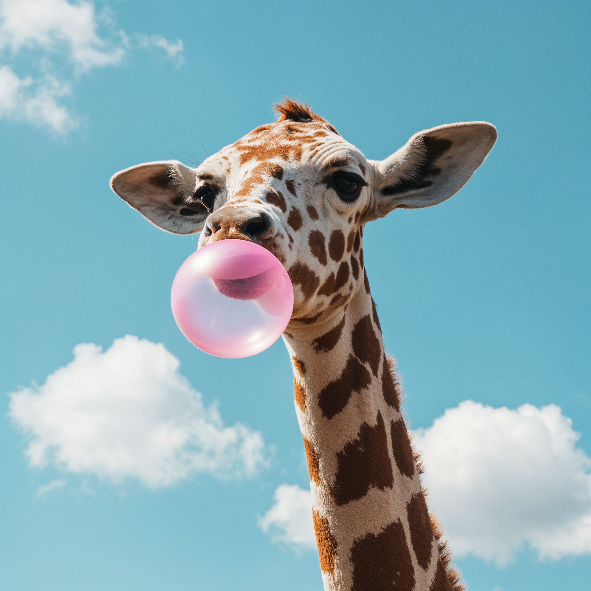 A giraffe blowing a pink bubblegum bubble against a blue sky with clouds.