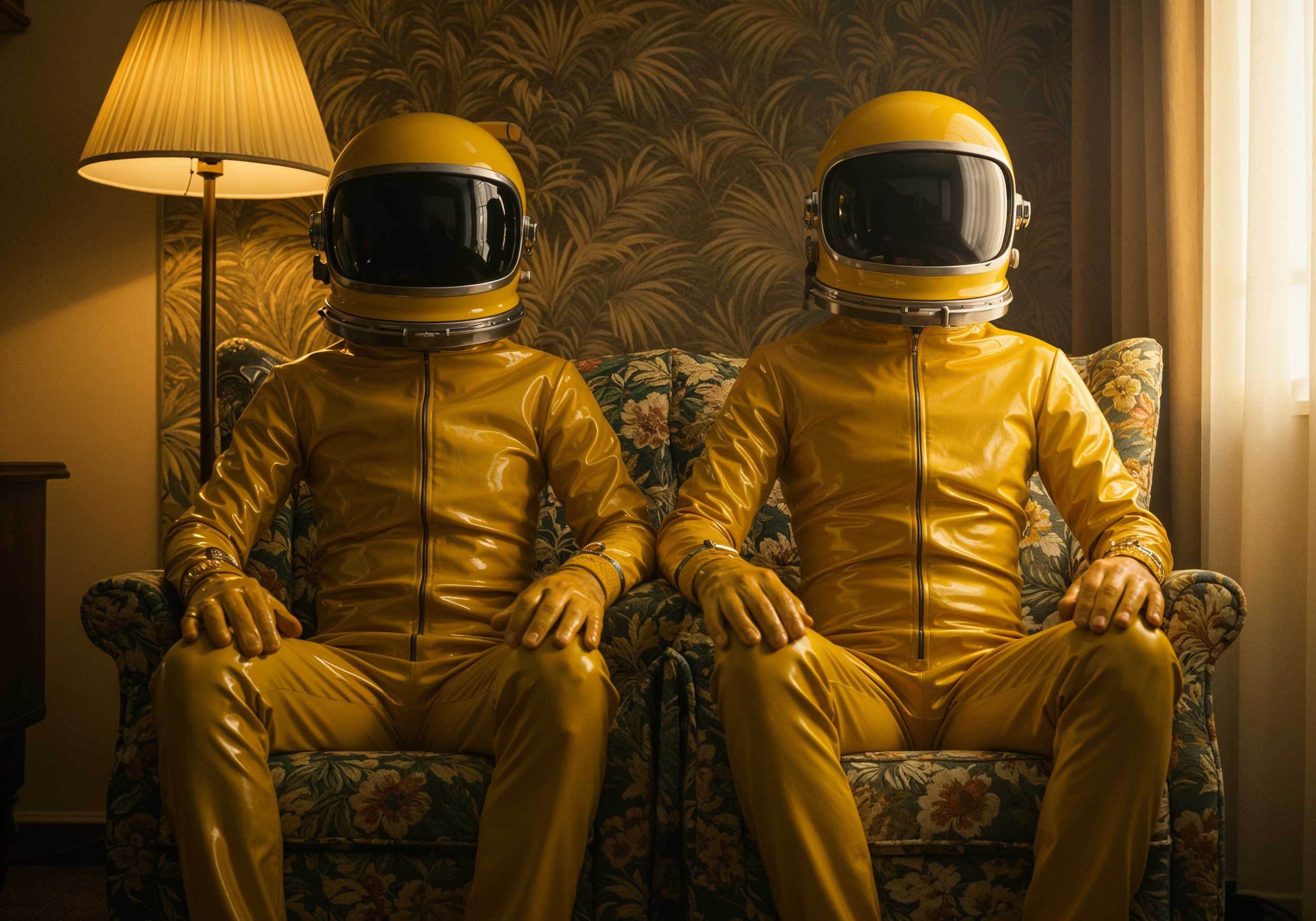 Two people in yellow spacesuits seated in an armchair, vintage decor, indoor lighting, floral wallpaper background.