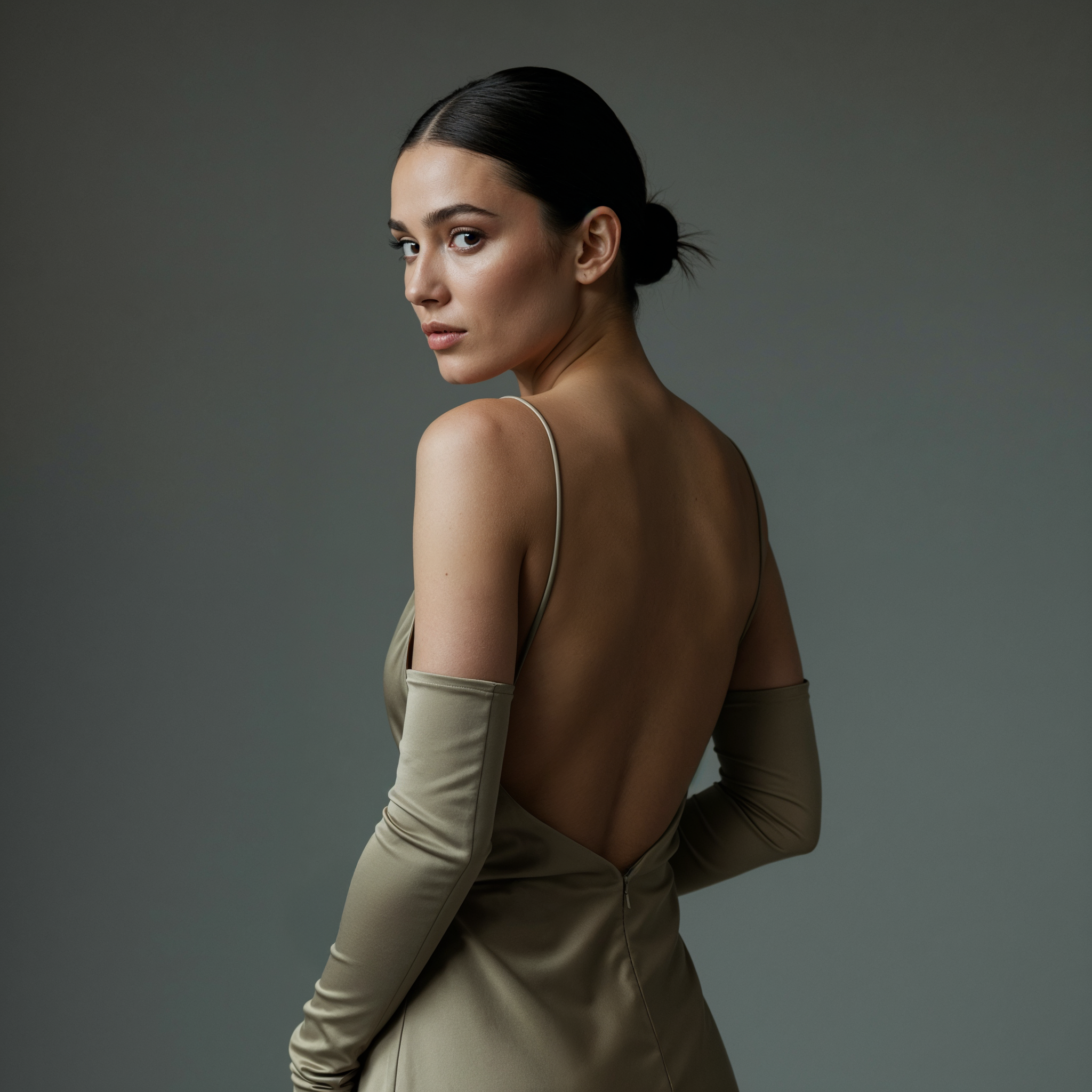 Woman in backless dress with long gloves, hair in bun