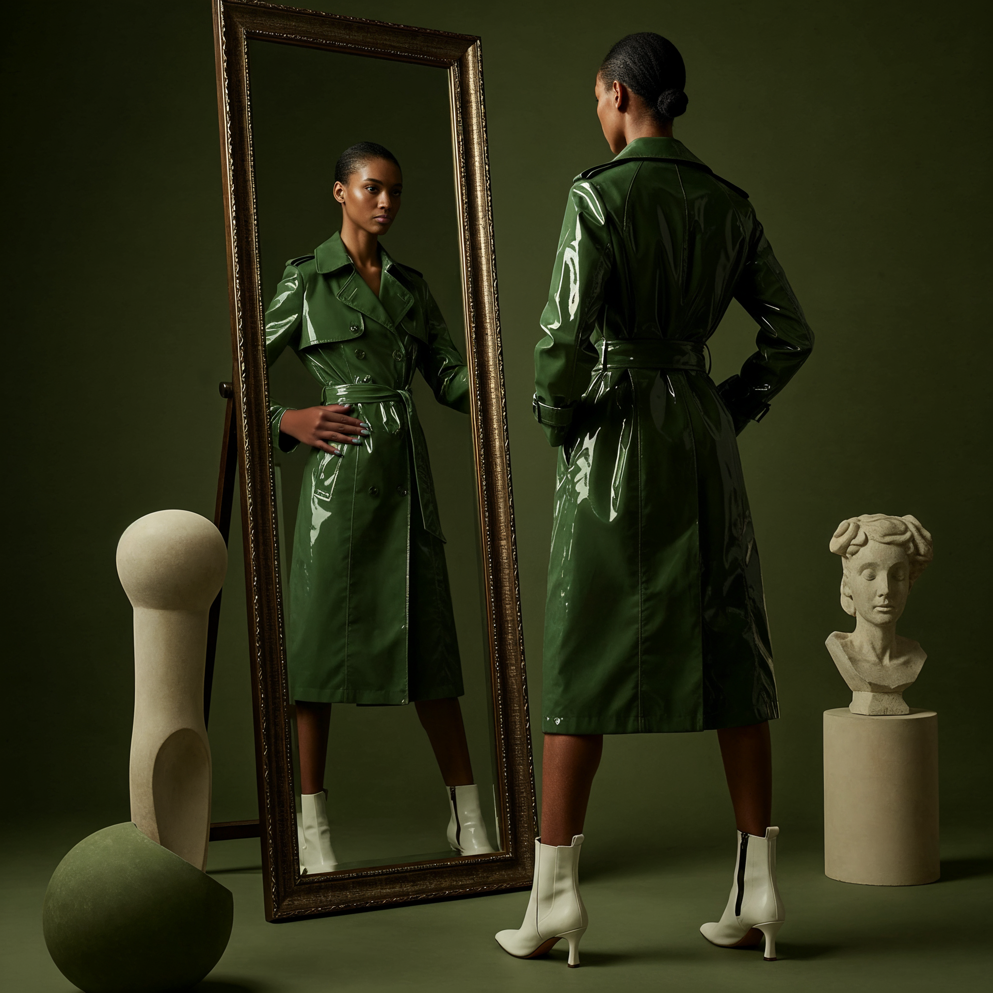 Woman in green trench coat looking in a large mirror, with white ankle boots, surrounded by abstract sculptures and a classical bust.