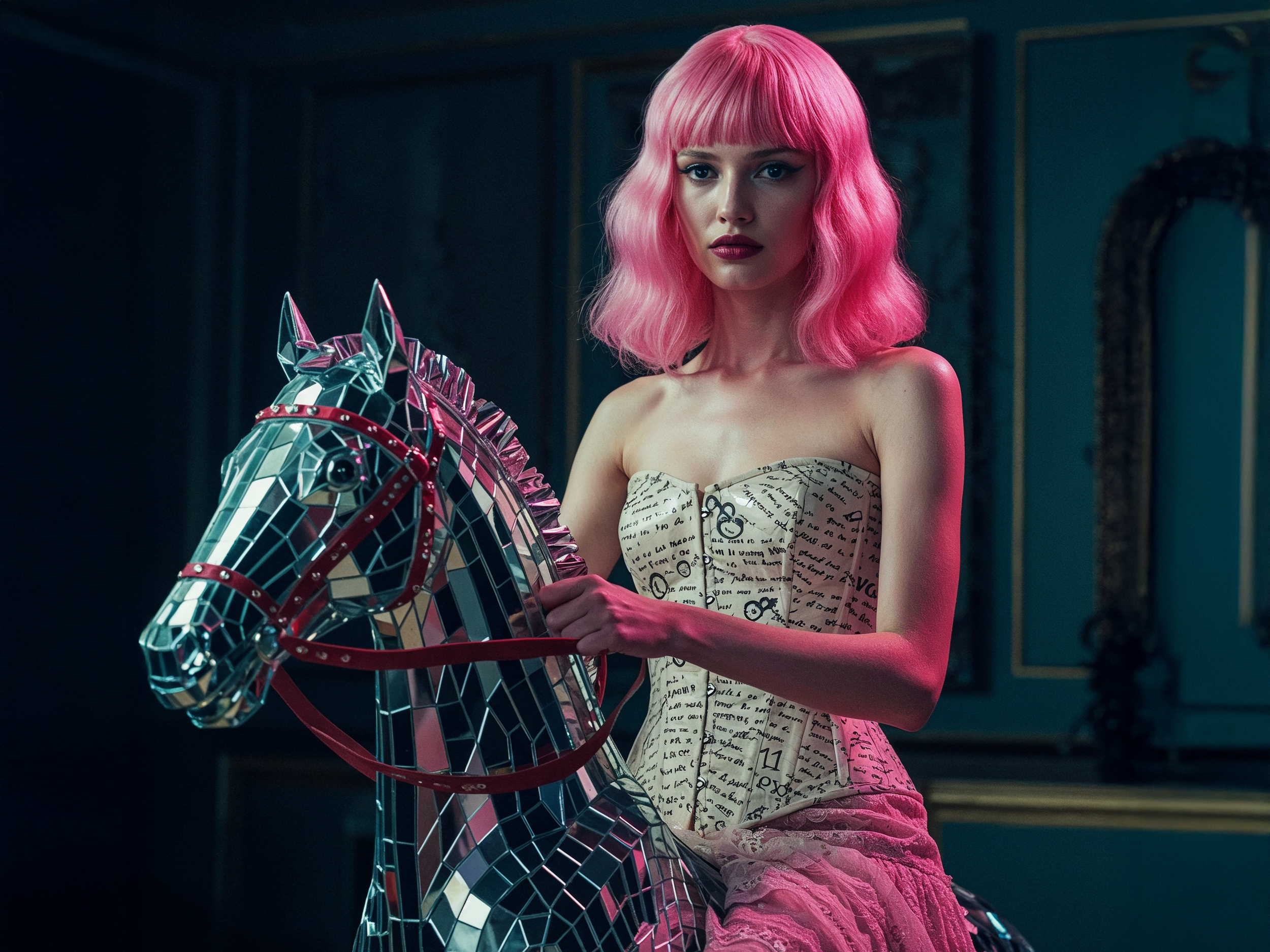 Woman with pink hair wearing a corset and sitting on a mirrored horse.