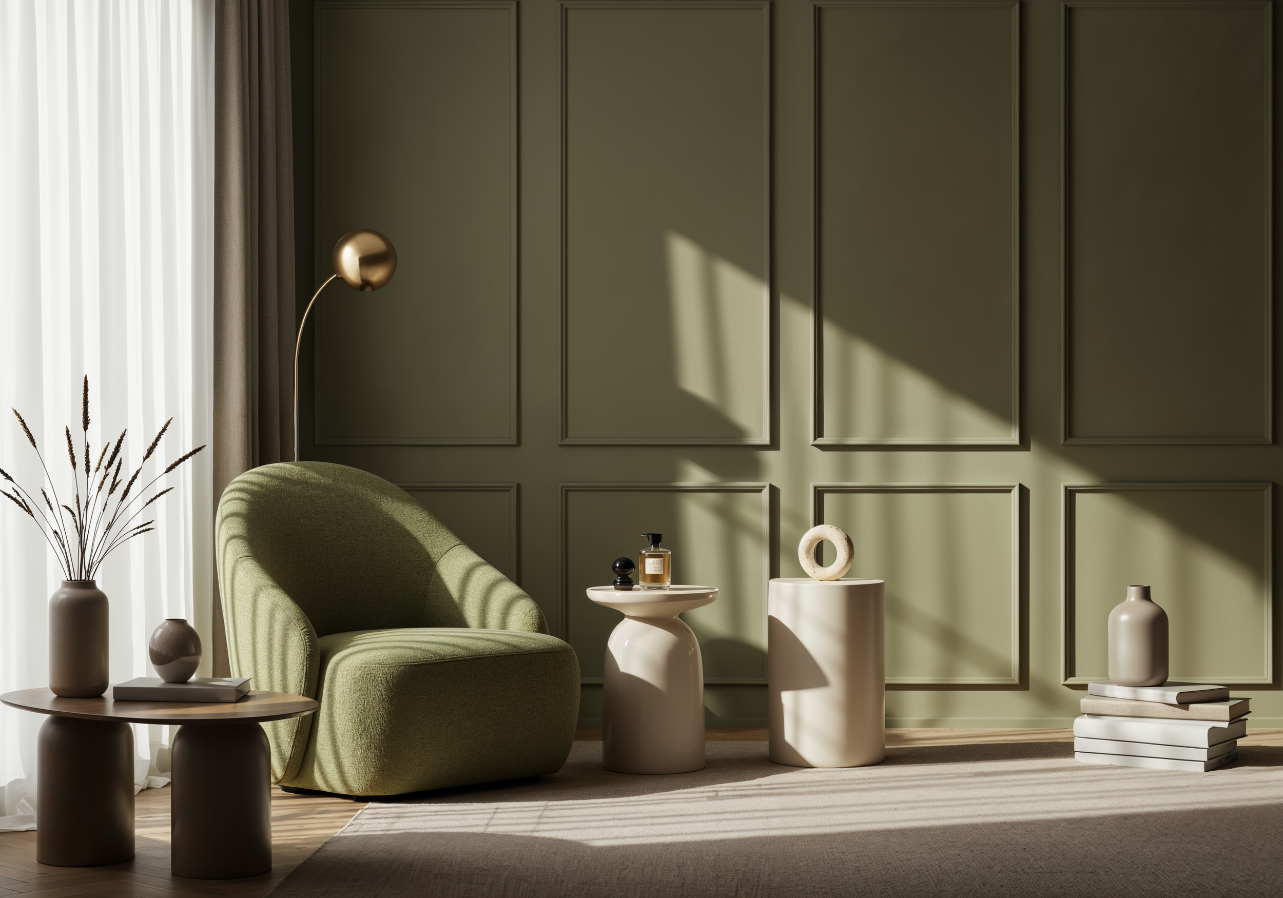 Modern living room with a green armchair, beige side tables, decorative vases, stack of books, and a white curtain, set against an olive green paneled wall.