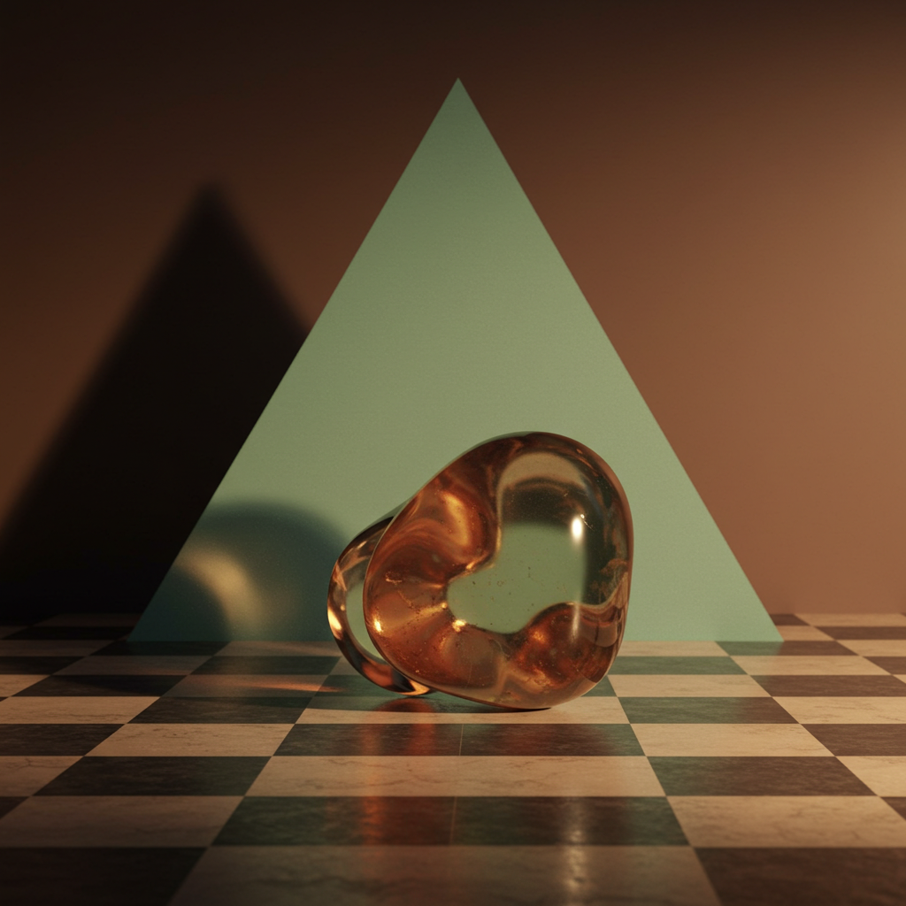 Abstract composition with a transparent, amber-colored glass shape resting on a black and white checkered floor in front of a teal triangular backdrop.