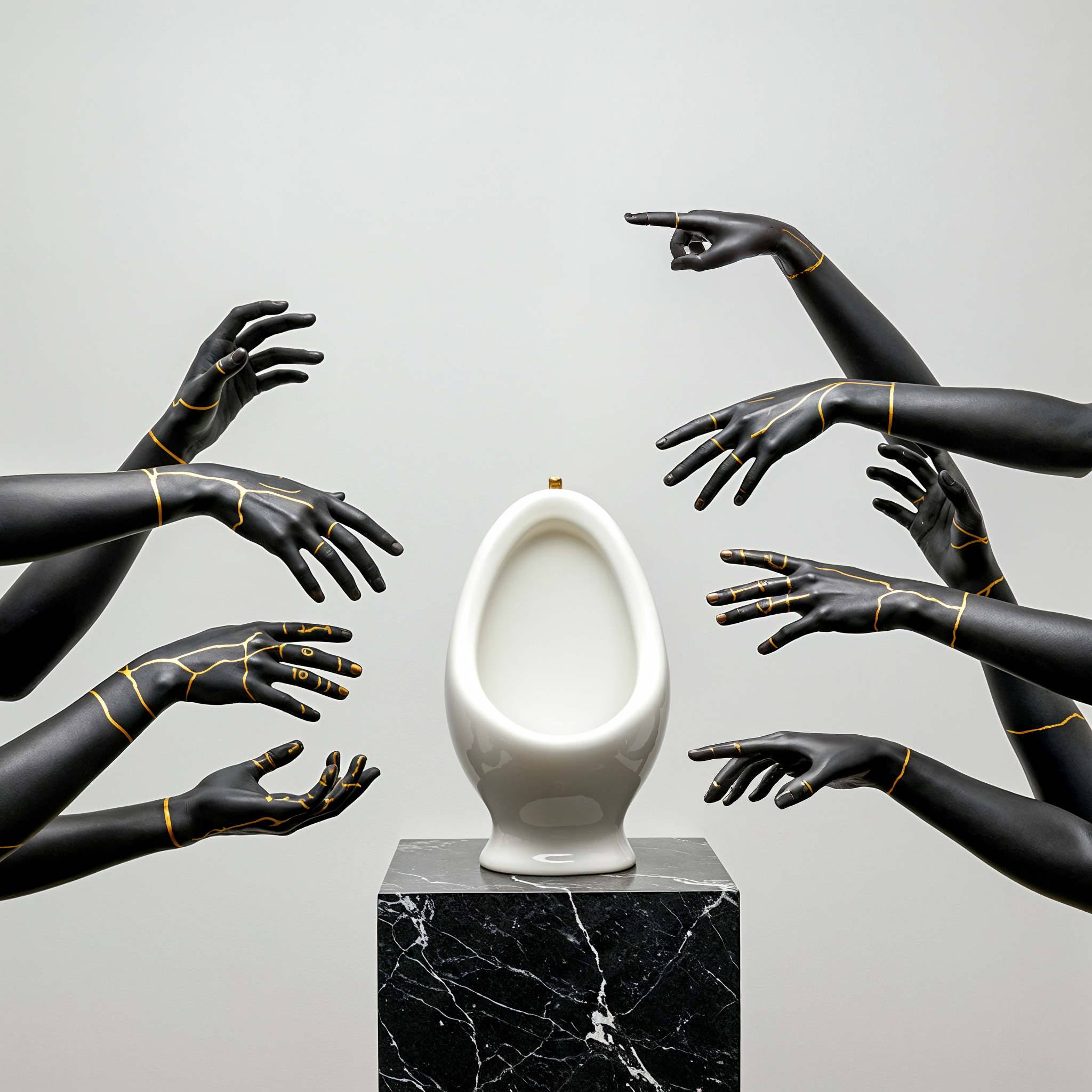 A white urinal on a black marble pedestal surrounded by multiple black mannequin hands with gold joints, pointing towards it against a plain background.