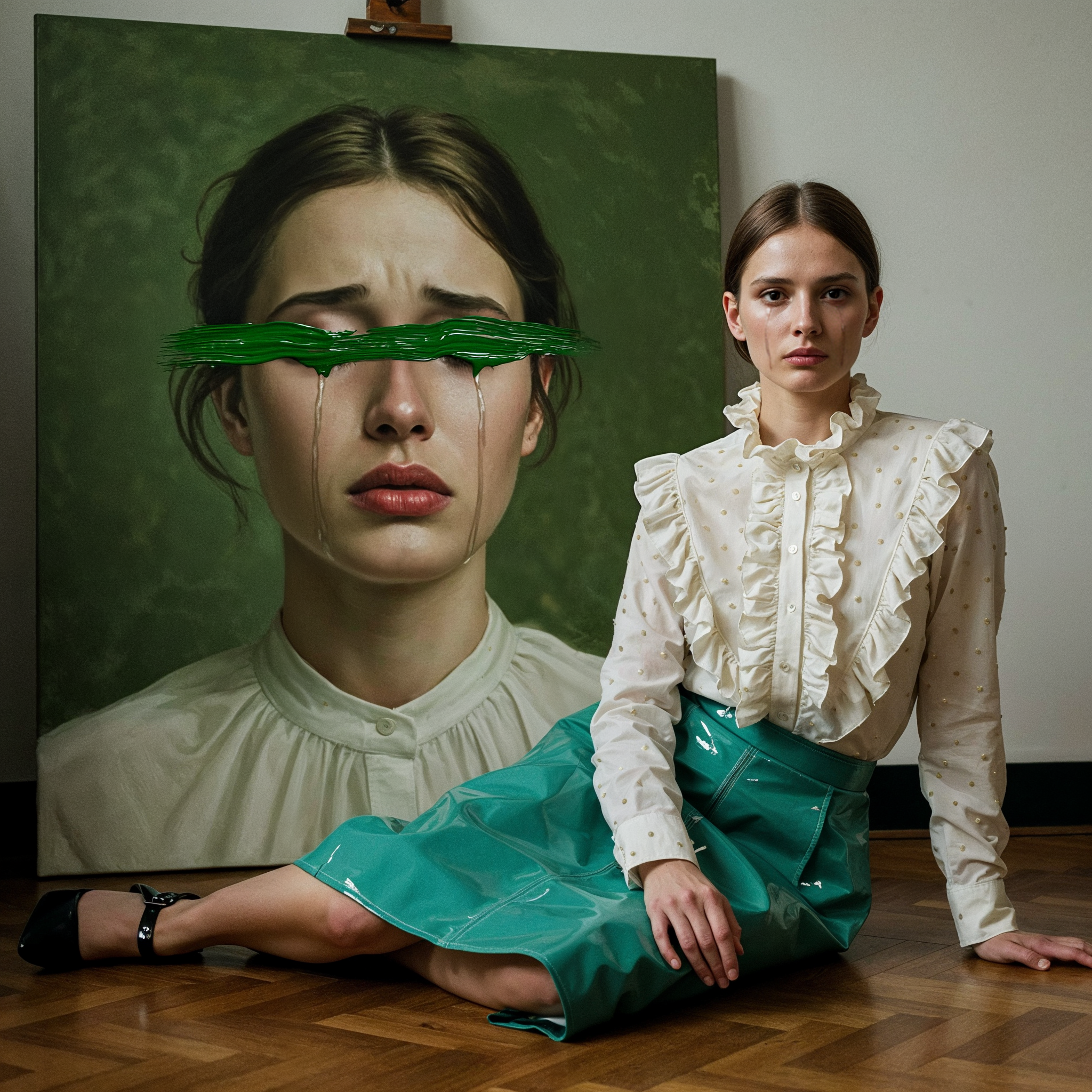 A woman in a white ruffled blouse and green skirt sits on a wooden floor next to a painting of herself. The painting shows her with green paint over her eyes.