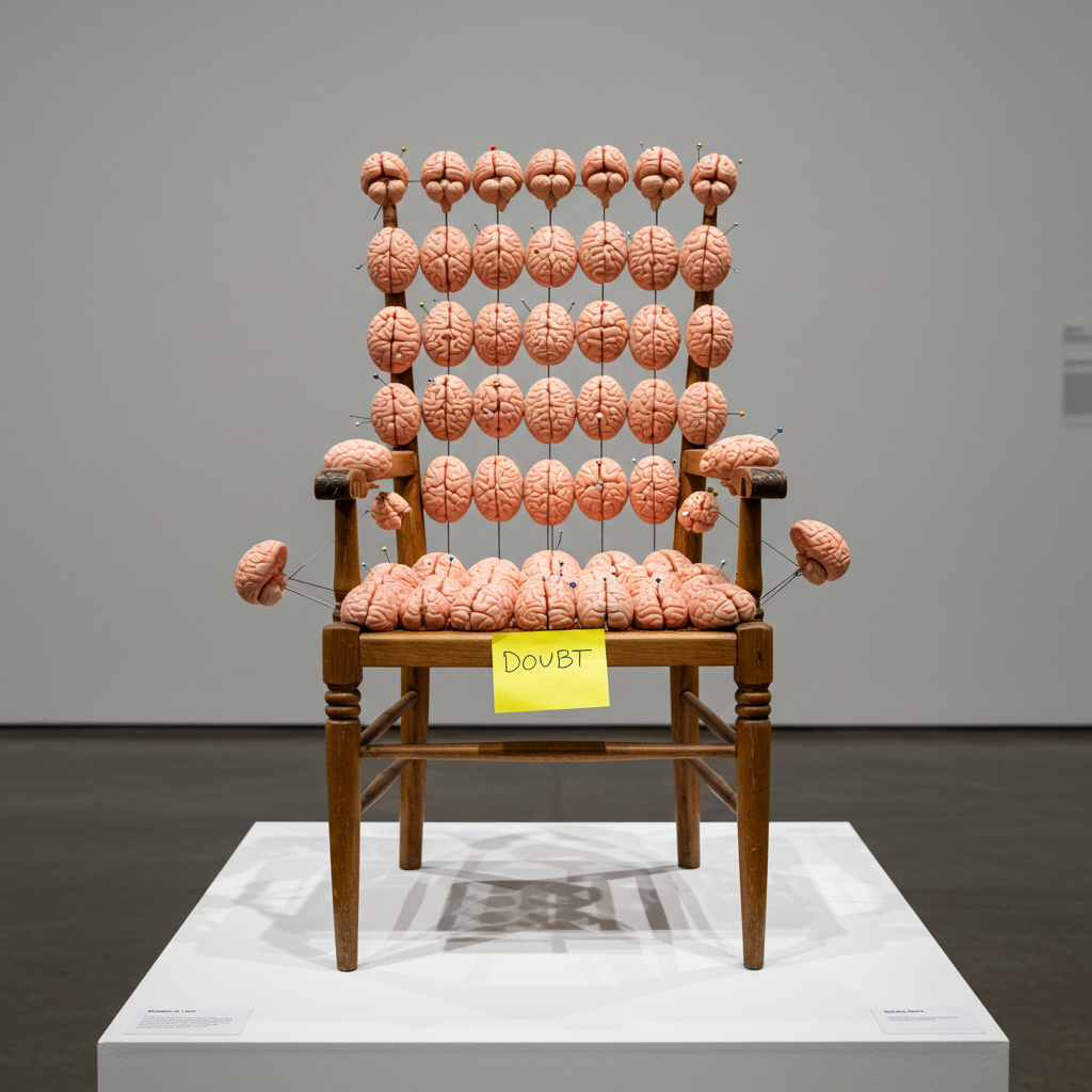 Art installation of a wooden chair covered with rows of small brain models, labeled with a yellow sticky note that reads 'DOUBT.'