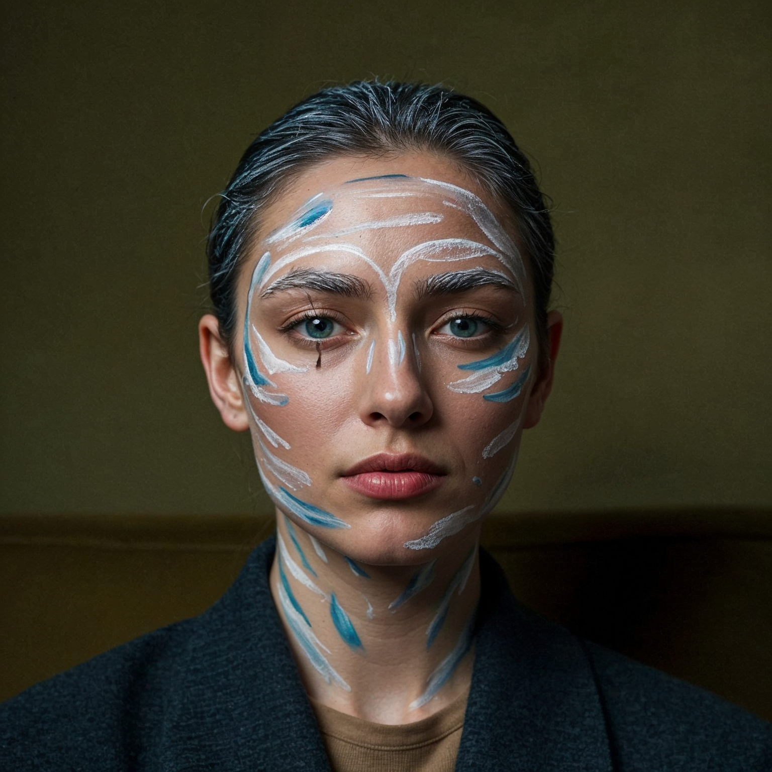 Person with artistic blue and white face paint standing against a dark background.