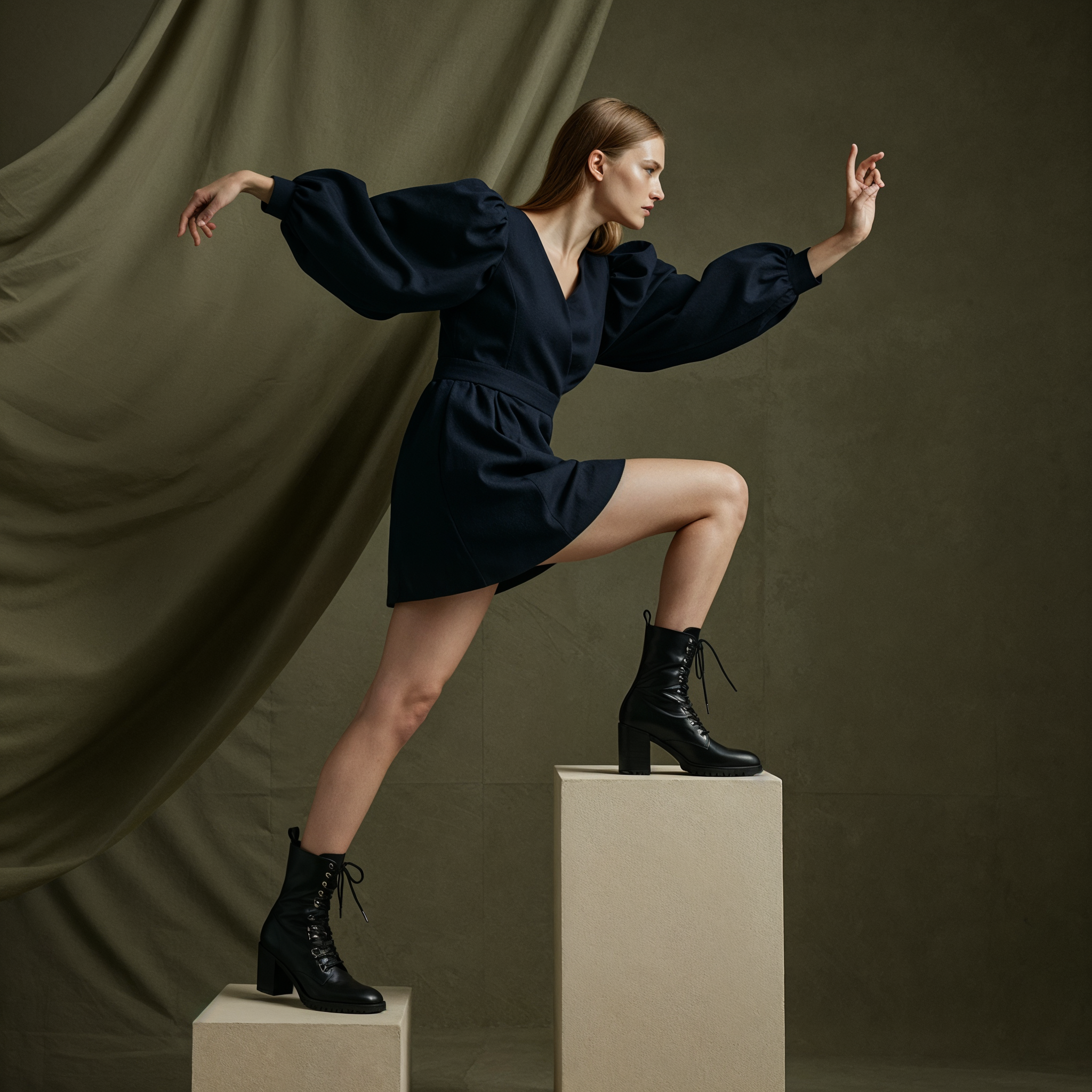 Woman in dark dress and boots posing on blocks against draped backdrop