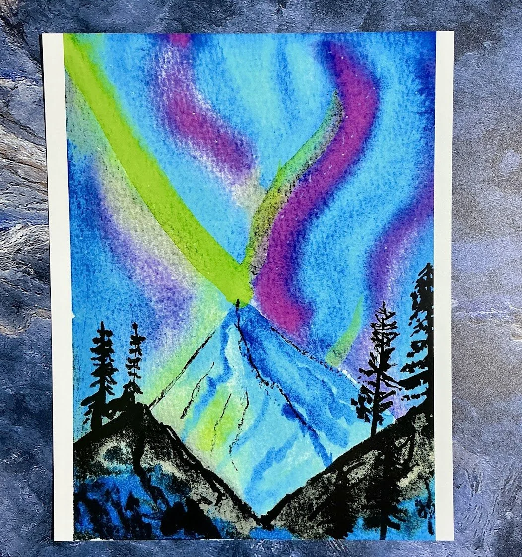 Northern Lights Mountain 8x10 Fine Art Print | Aurora Borealis Watercolor