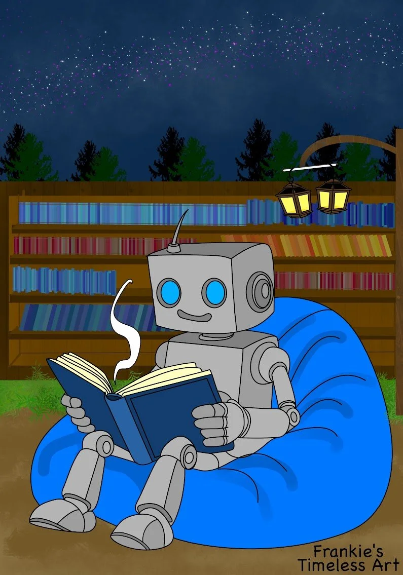 An animated robot sitting on a blue bean bag chair reading a steaming cup of coffee in a backyard at night. The background shows a wooden fence, bookshelves filled with colorful books, tall trees, and a starry sky with a curved line of bright stars.
