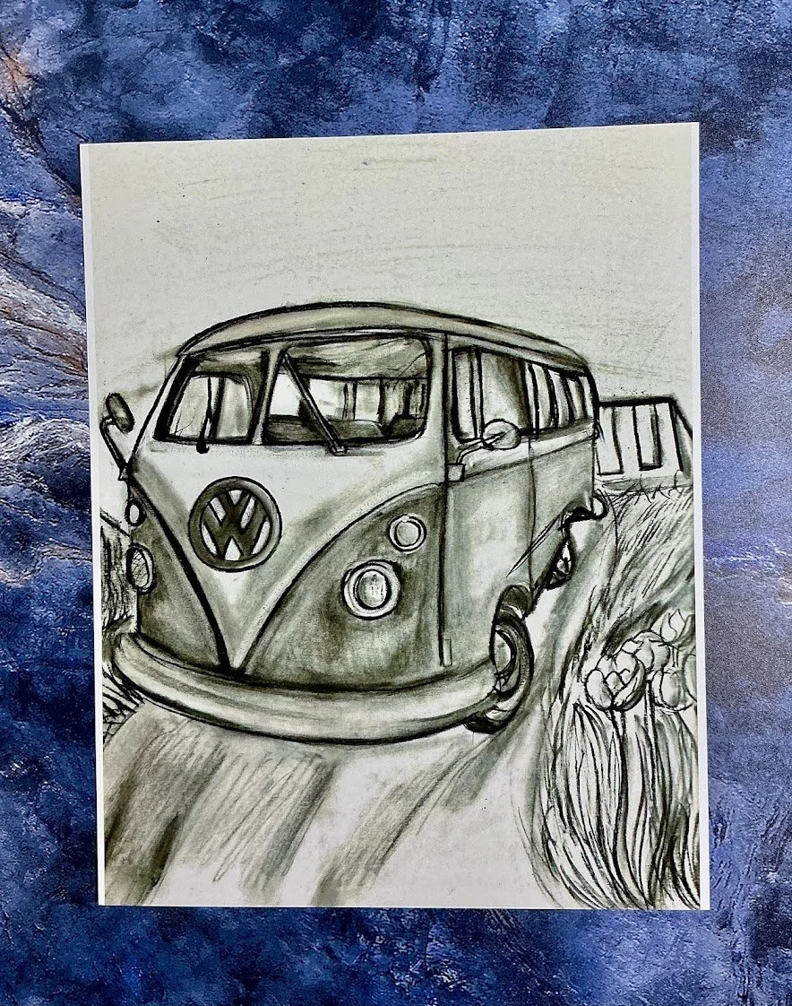 VW Van at the Park 8x10 Fine Art Print | Vintage Volkswagen Bus Charcoal Drawing