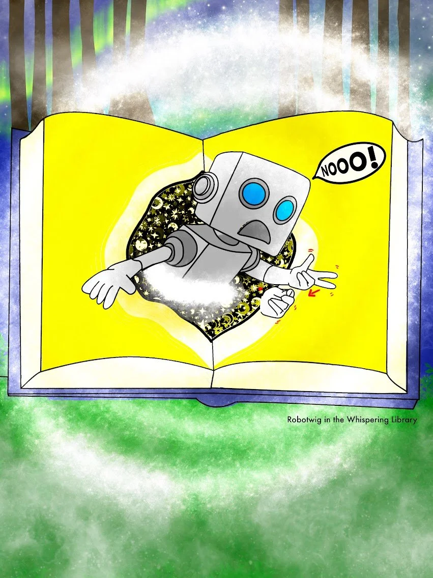 A cartoon robot with blue eyes and gray body emerging from an open book with yellow pages, with a surprised expression and the word "NOOO!" in a speech bubble. The background features a colorful, starry sky with green grass at the bottom.