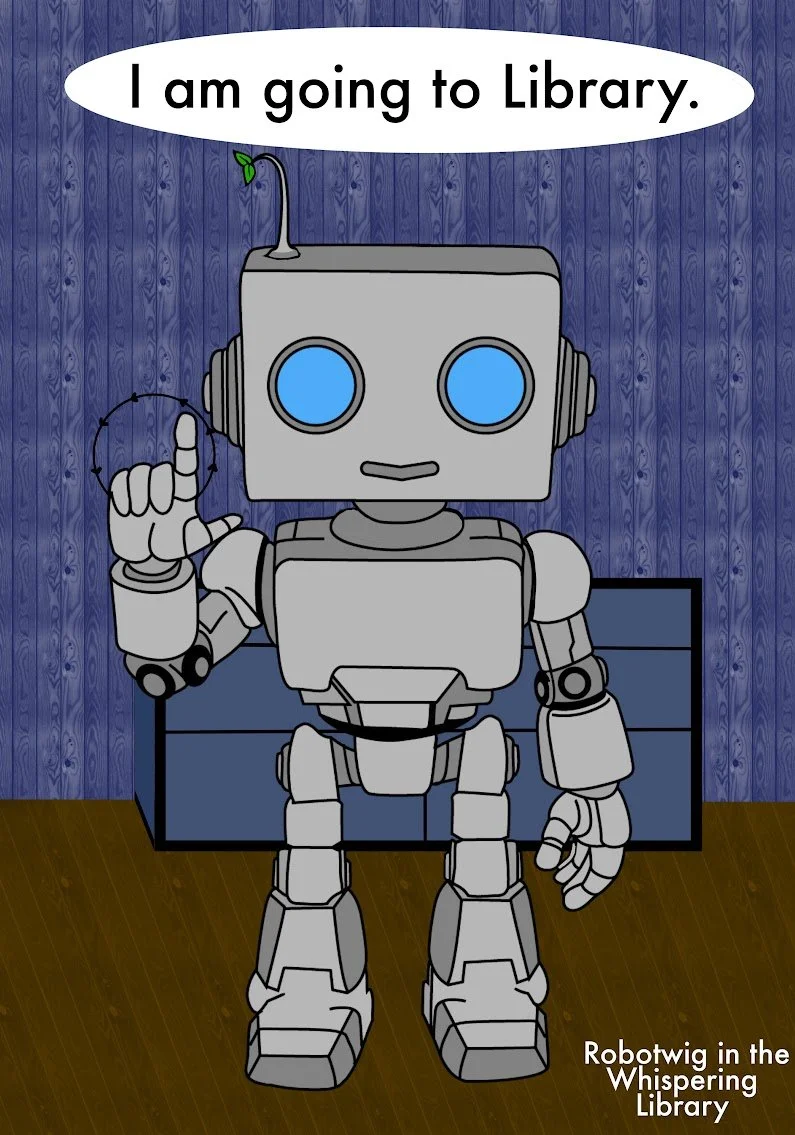Cartoon robot with a speech bubble saying 'I am going to Library,' standing in a room with a blue wall and wooden floor and a blue cabinet in the background.