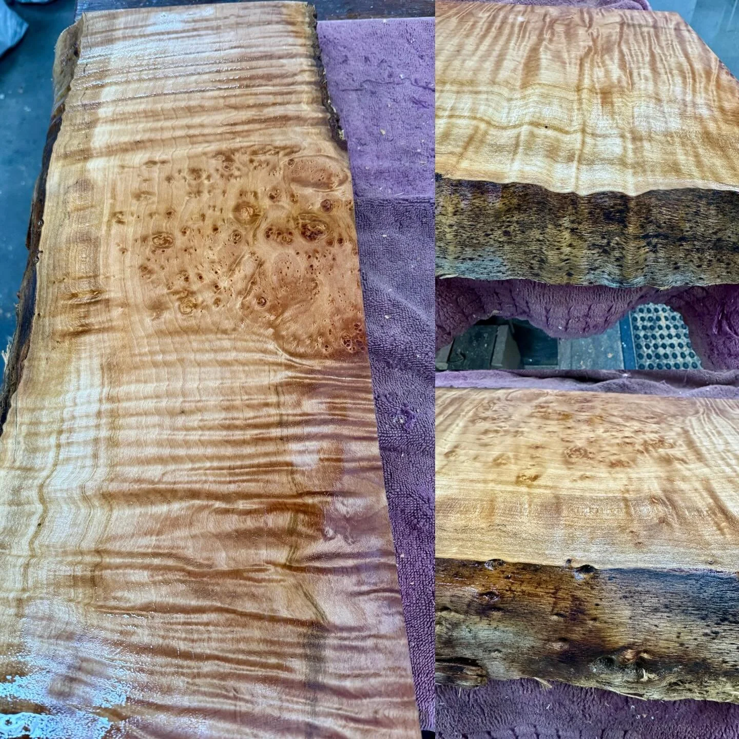 Some wonderful Tasmanian myrtle with both a curly quilt type figure and also birdseye figure present in the same billet. 

The curly figure can be caused by compression and other forces on that section of tree. Whilst birds-eye is thought to be cause