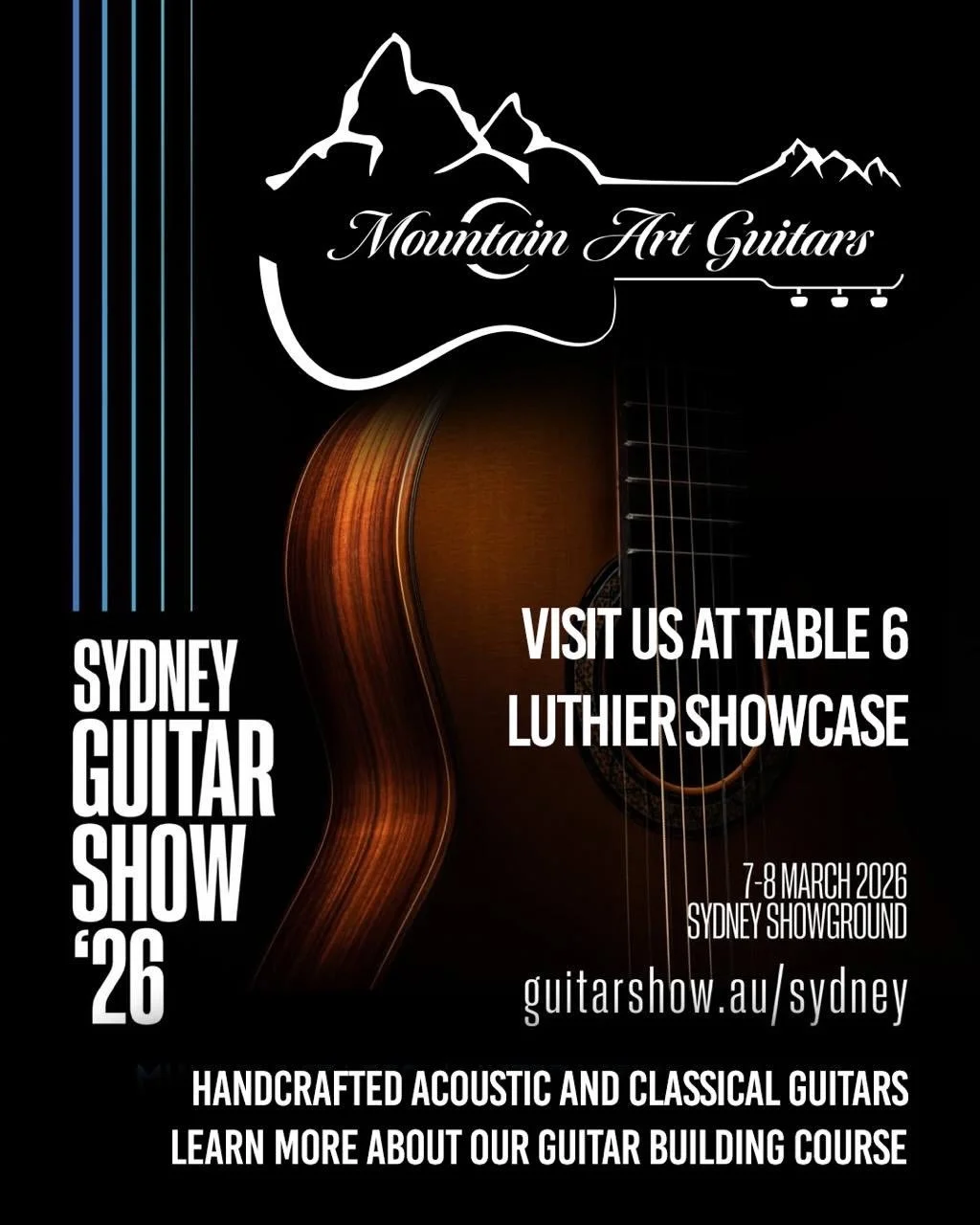 After many years, the guitar show is coming to Sydney! Mountain Art Guitars Will be at the first Sydney guitar show, this coming weekend on the 7th and 8th March. Come and visit our stall, we are located in the luthier&rsquo;s showcase. There will be