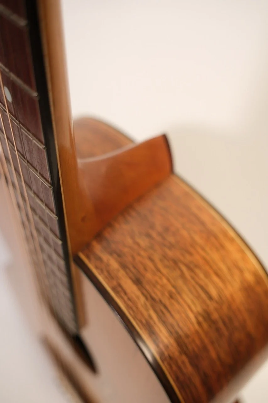 Close-up of a wooden chair with a curved backrest, showing the grain and finish of the wood.