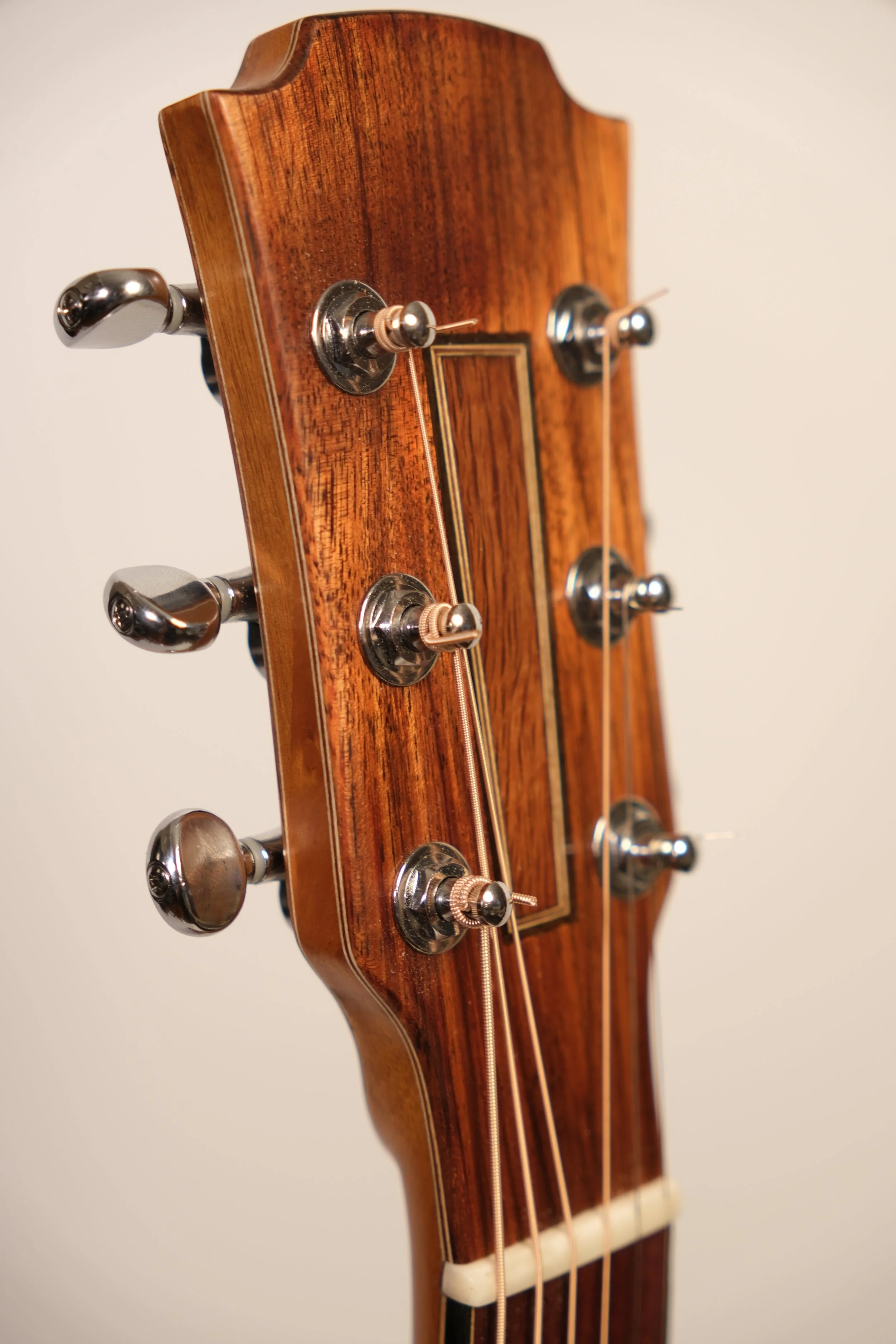 Close-up of a wooden guitar headstock with tuning pegs and strings.