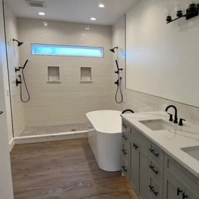 Freestanding bathtub plumbing installation in a remodeled bathroom in Wenatchee Washington
