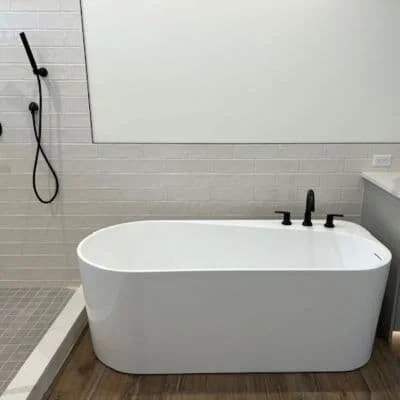 Freestanding bathtub plumbing installation in a remodeled bathroom in Wenatchee Washington