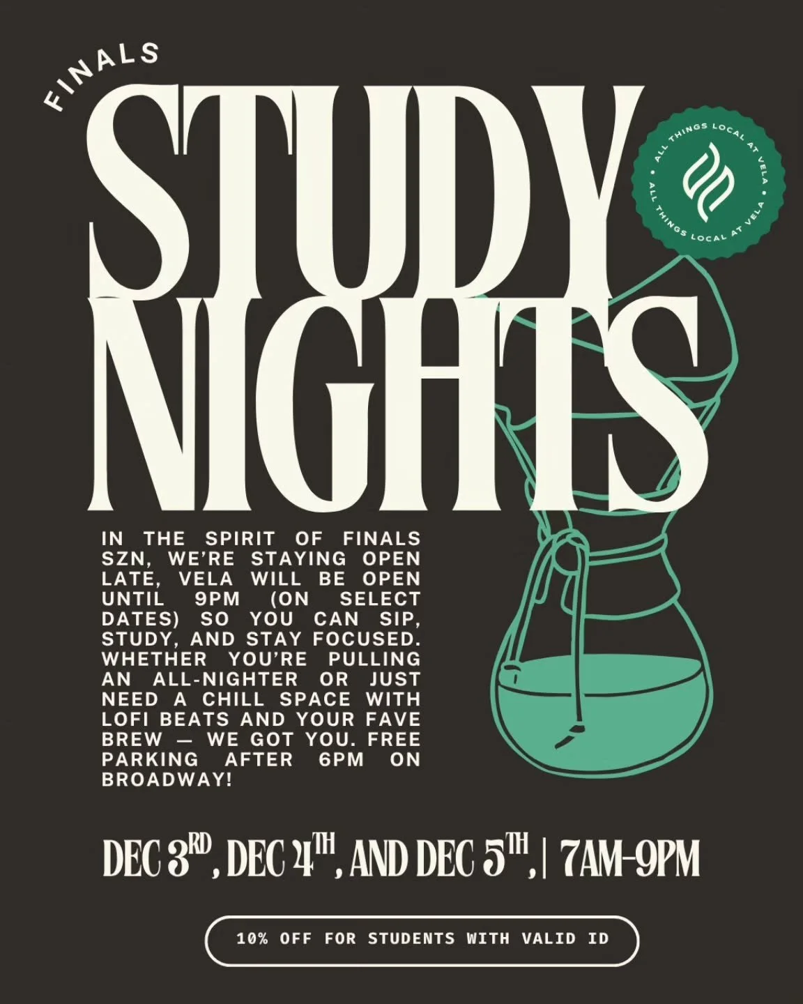 back at it again this fall semester for our finals study nights!

from December 3rd - 5th, catch us open until 9:00pm for your nighttime study sesh 🌿

street parking is free after 6:00pm!

come chill to some lofi beats and sip on your favorite drink