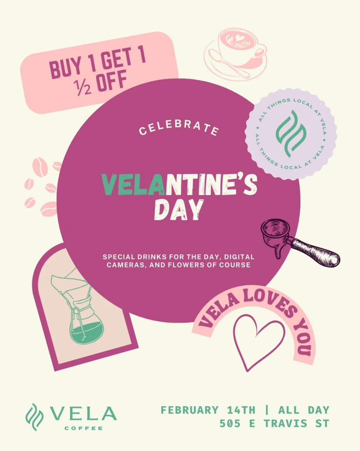 VELAntine&rsquo;s day 💚 

valentine's at vela

feb 14 only
buy one, get one half off

flower arrangements by @wardasatx 🌹
digital camera pop up by @euniquelens 📸
chocolate covered strawberry latte available for the day 🍫🍓

bring your date, your 