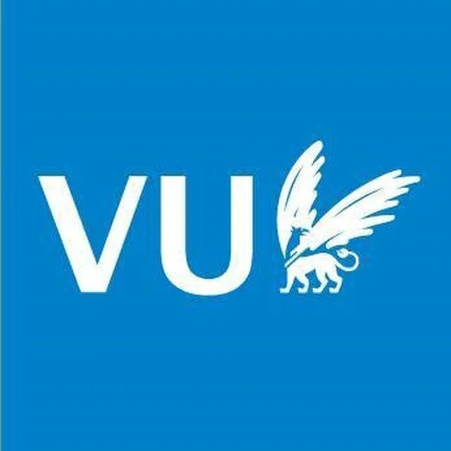 Vrije Universiteit Amsterdam logo. Blue background with white text 'VU' and a stylized white griffin logo.