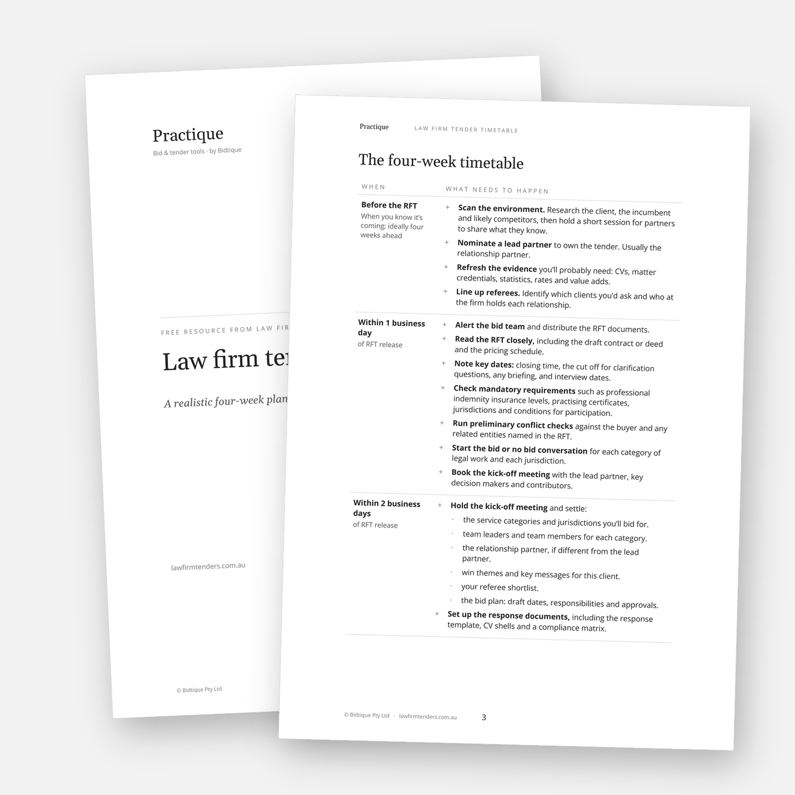Cover and timetable page from the Law firm tender timetable, showing the four-week schedule from RFT release to lodgement
